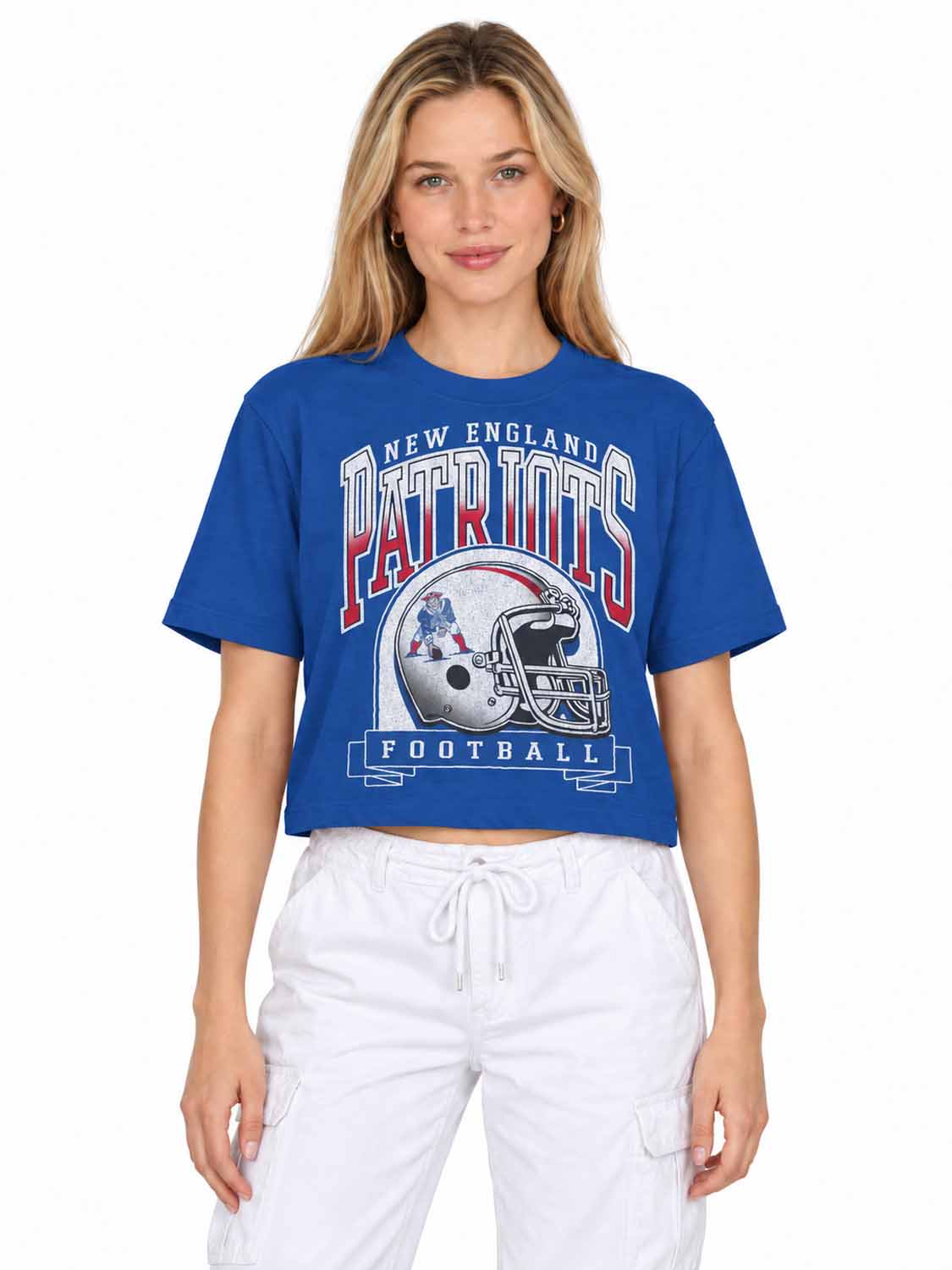 New England Patriots  Women's Franchise Helmet Crop T-Shirt Mock Neck - Royal