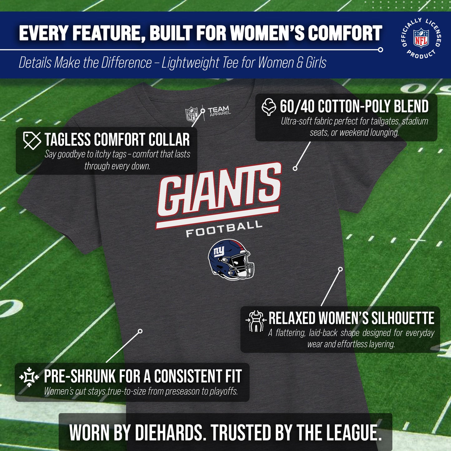 New York Giants Women's NFL Football Helmet Short Sleeve Tagless T-Shirt - Charcoal
