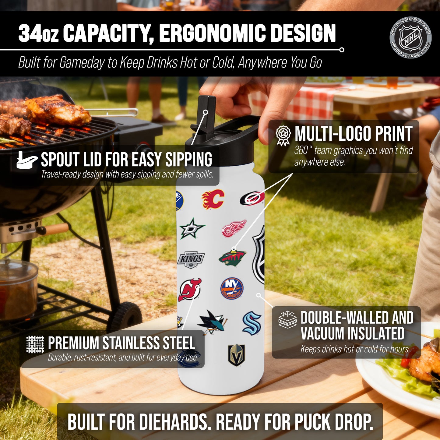Logo Brands NHL 34oz Vacuum Insulated Stainless Steel Water Bottle - All Team Logo Wrap, Flip Straw Lid, Carry Handle - White