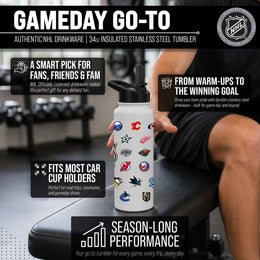 Logo Brands NHL 34oz Vacuum Insulated Stainless Steel Water Bottle - All Team Logo Wrap, Flip Straw Lid, Carry Handle - White