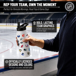 Logo Brands NHL 34oz Vacuum Insulated Stainless Steel Water Bottle - All Team Logo Wrap, Flip Straw Lid, Carry Handle - White