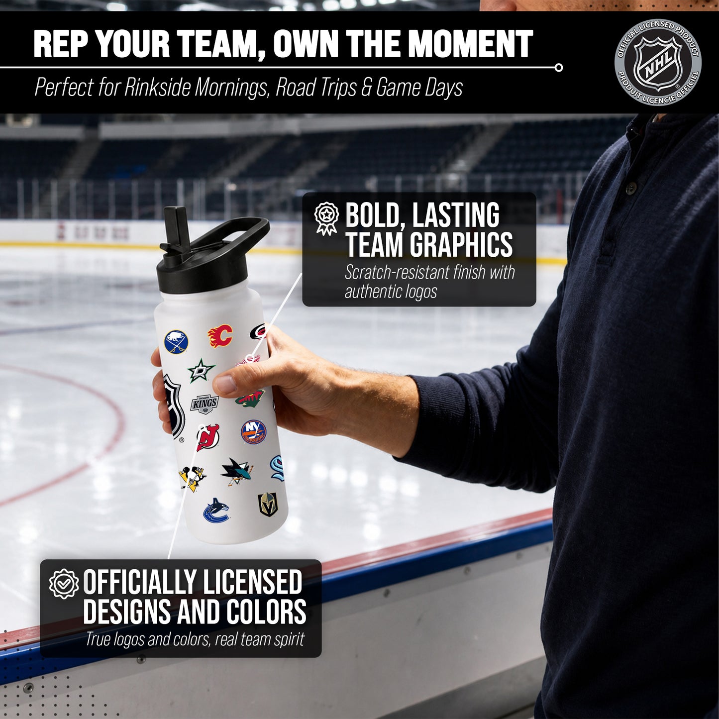 Logo Brands NHL 34oz Vacuum Insulated Stainless Steel Water Bottle - All Team Logo Wrap, Flip Straw Lid, Carry Handle - White