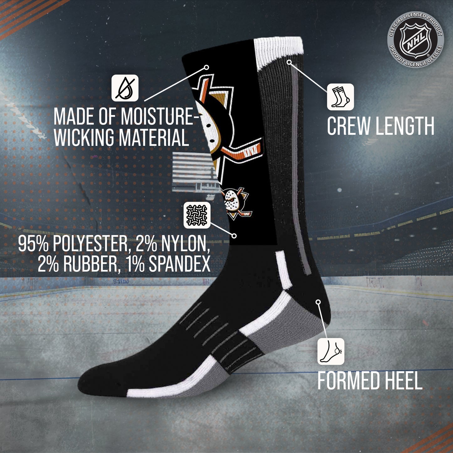 Anaheim Ducks Adult NHL Zoom Curve Team Crew Socks - Black