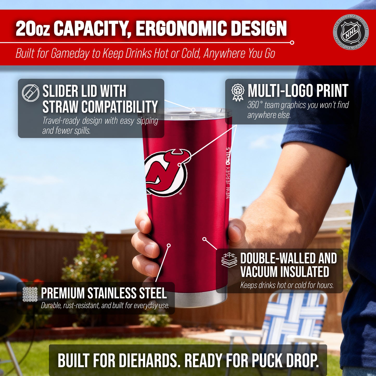 New Jersey Devils NHL Hockey 20oz Stainless Steel Vacuum Insulated Game Day Tumbler with Silicone Grip - Red