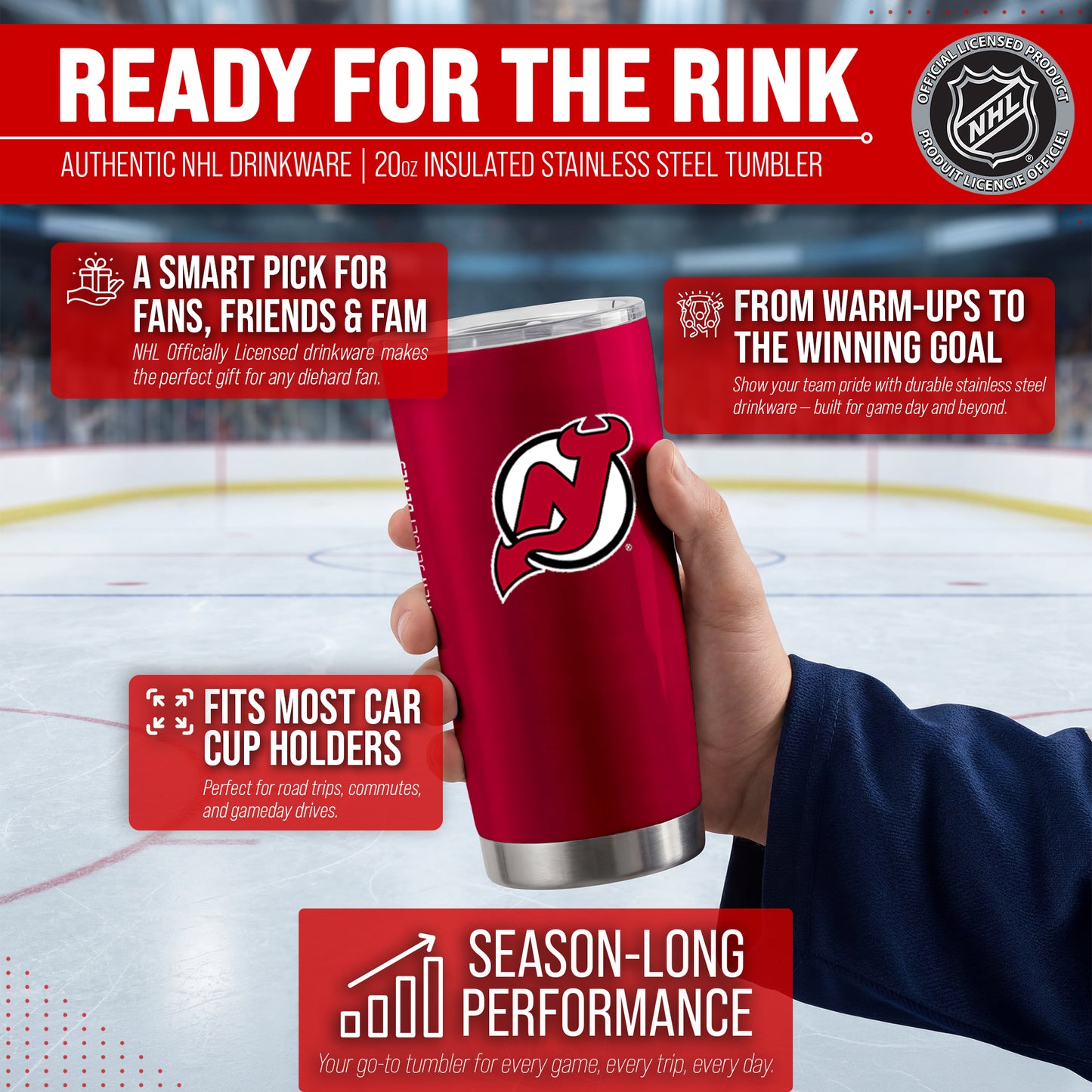 New Jersey Devils NHL Hockey 20oz Stainless Steel Vacuum Insulated Game Day Tumbler with Silicone Grip - Red