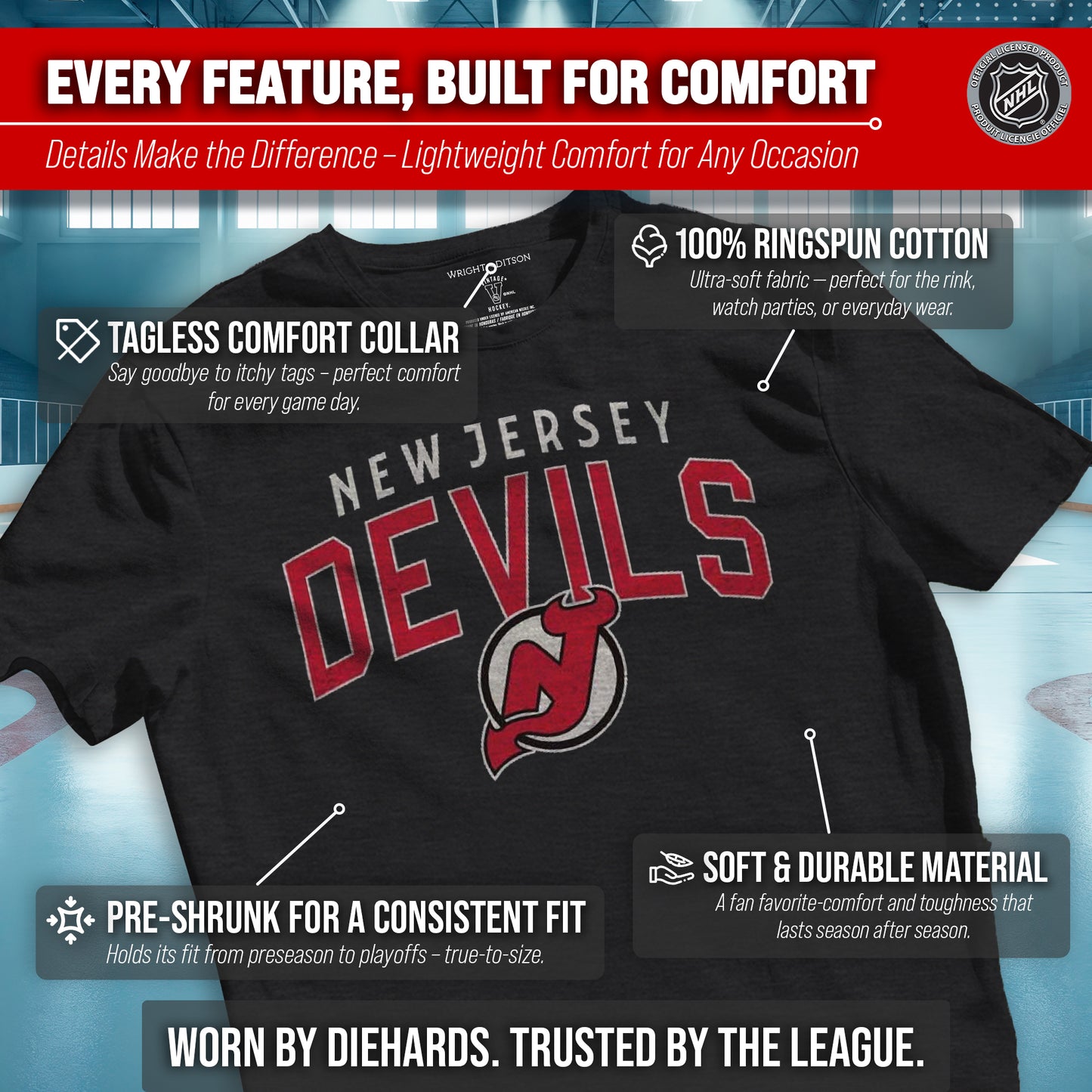 New Jersey Devils NHL Adult Powerplay Heathered Unisex T-Shirt - Black Heather