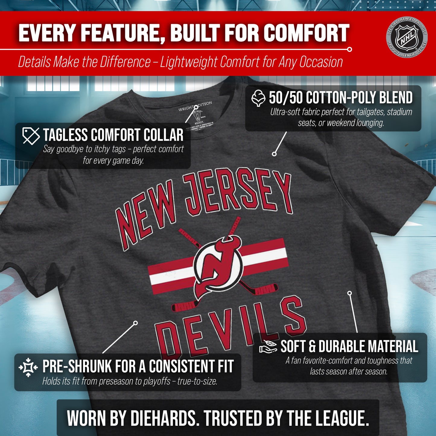 New Jersey Devils NHL Adult Faceoff Tag-Less T-Shirt - Black