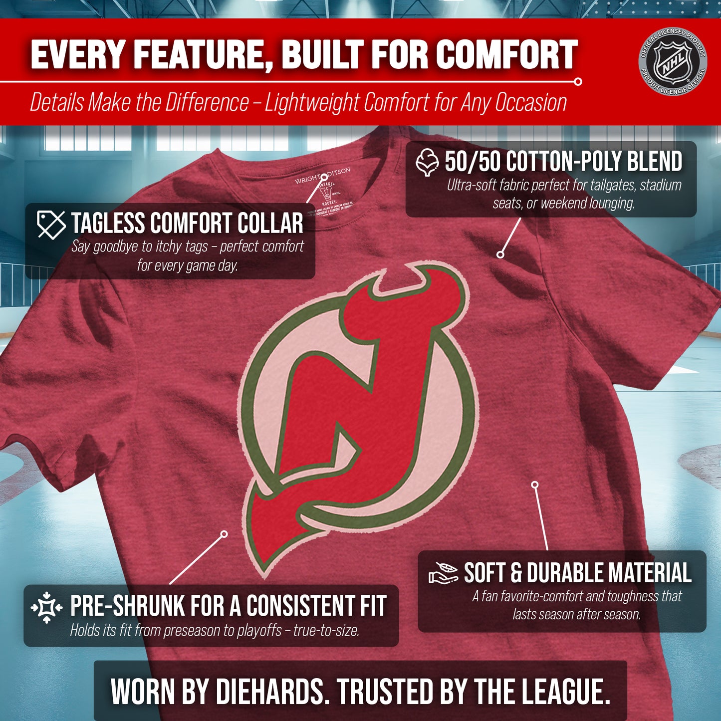 New Jersey Devils NHL Adult Retro Logo Tag-Less T-Shirt - Red Heather