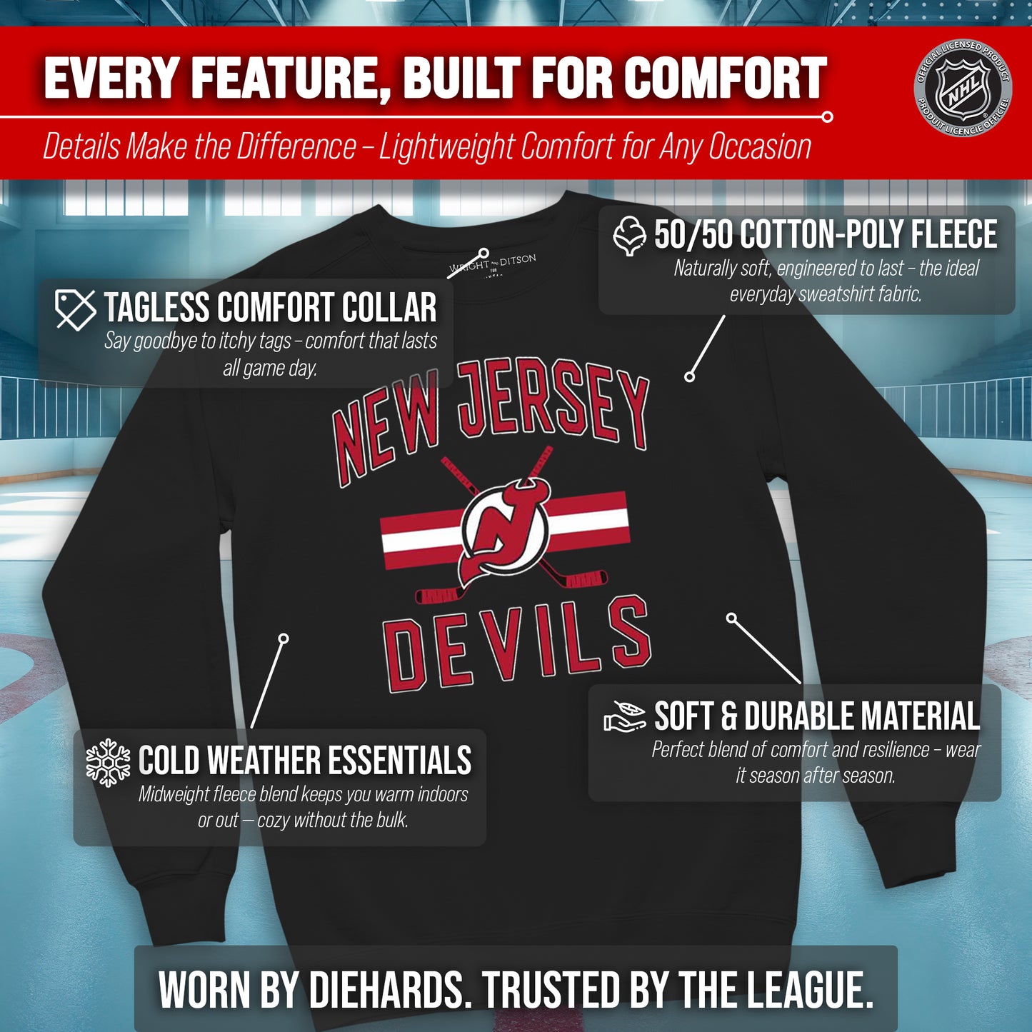 New Jersey Devils Adult NHL Faceoff Hockey Fleece Crewneck Sweatshirt - Black