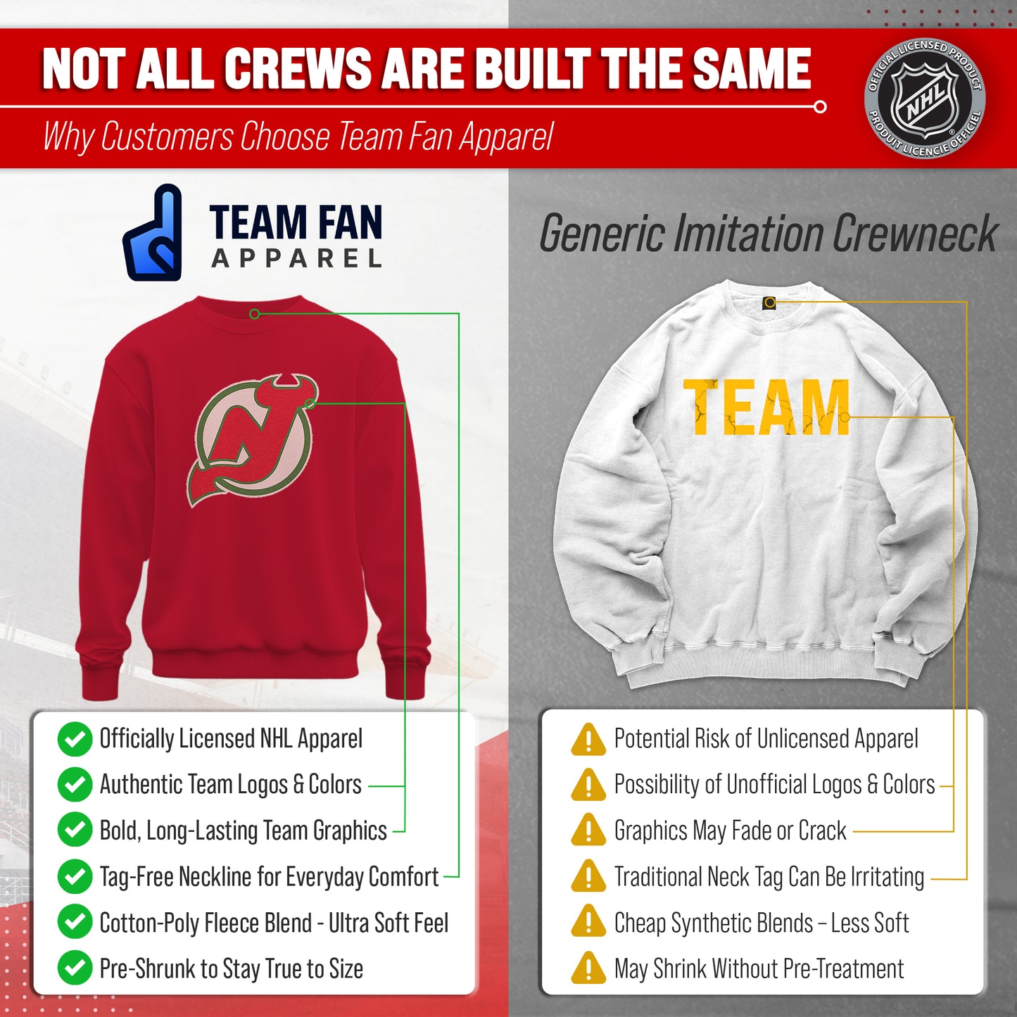 New Jersey Devils Adult NHL Retro Logo Hockey Fleece Crewneck Sweatshirt - Red Heather