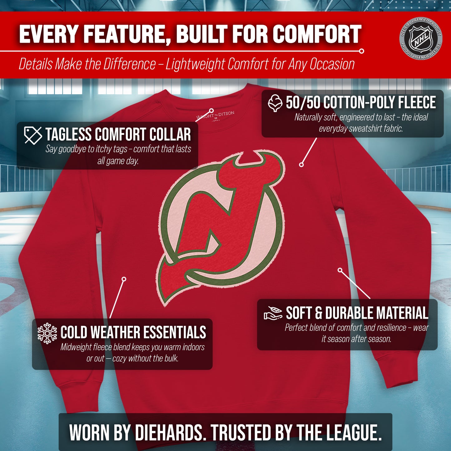 New Jersey Devils Adult NHL Retro Logo Hockey Fleece Crewneck Sweatshirt - Red Heather