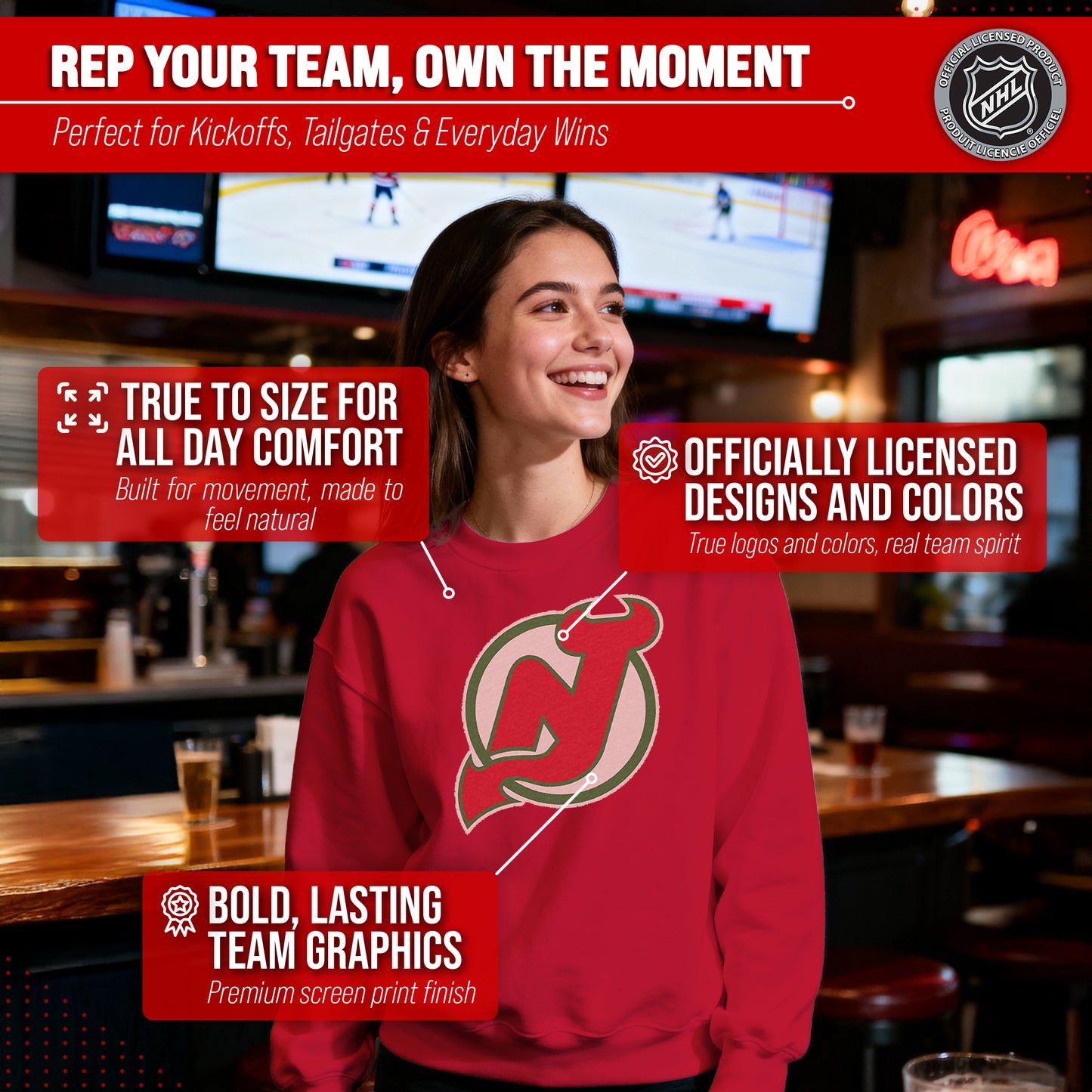 New Jersey Devils Adult NHL Retro Logo Hockey Fleece Crewneck Sweatshirt - Red Heather