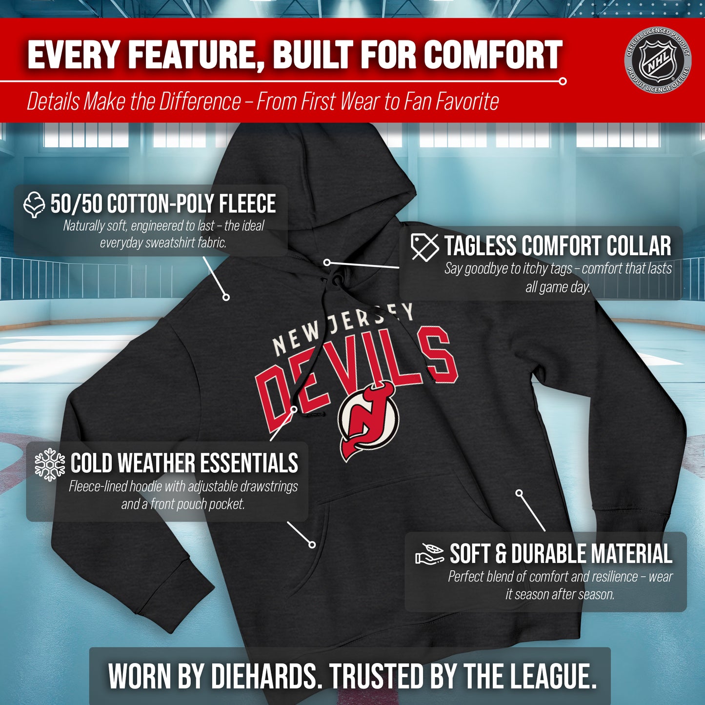 New Jersey Devils NHL Adult Unisex Powerplay Hooded Sweatshirt - Black Heather