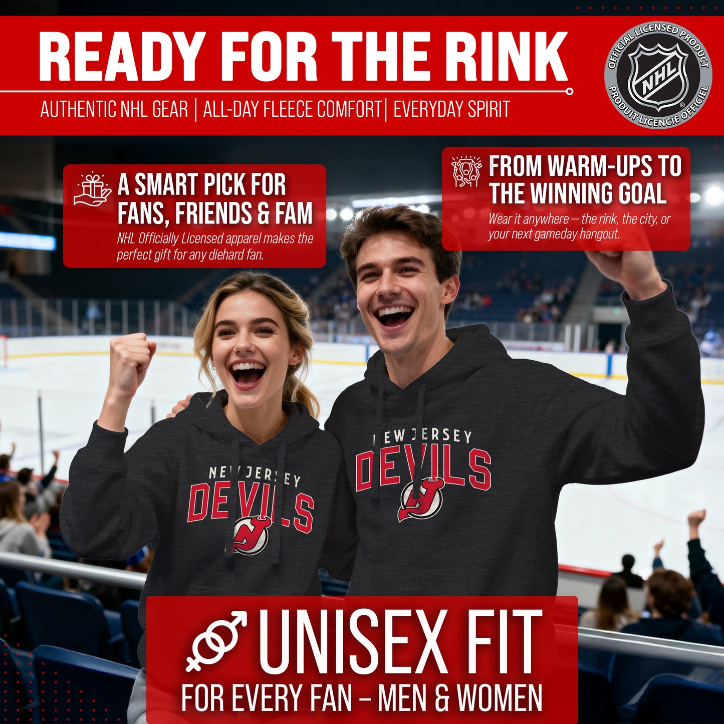 New Jersey Devils NHL Adult Unisex Powerplay Hooded Sweatshirt - Black Heather