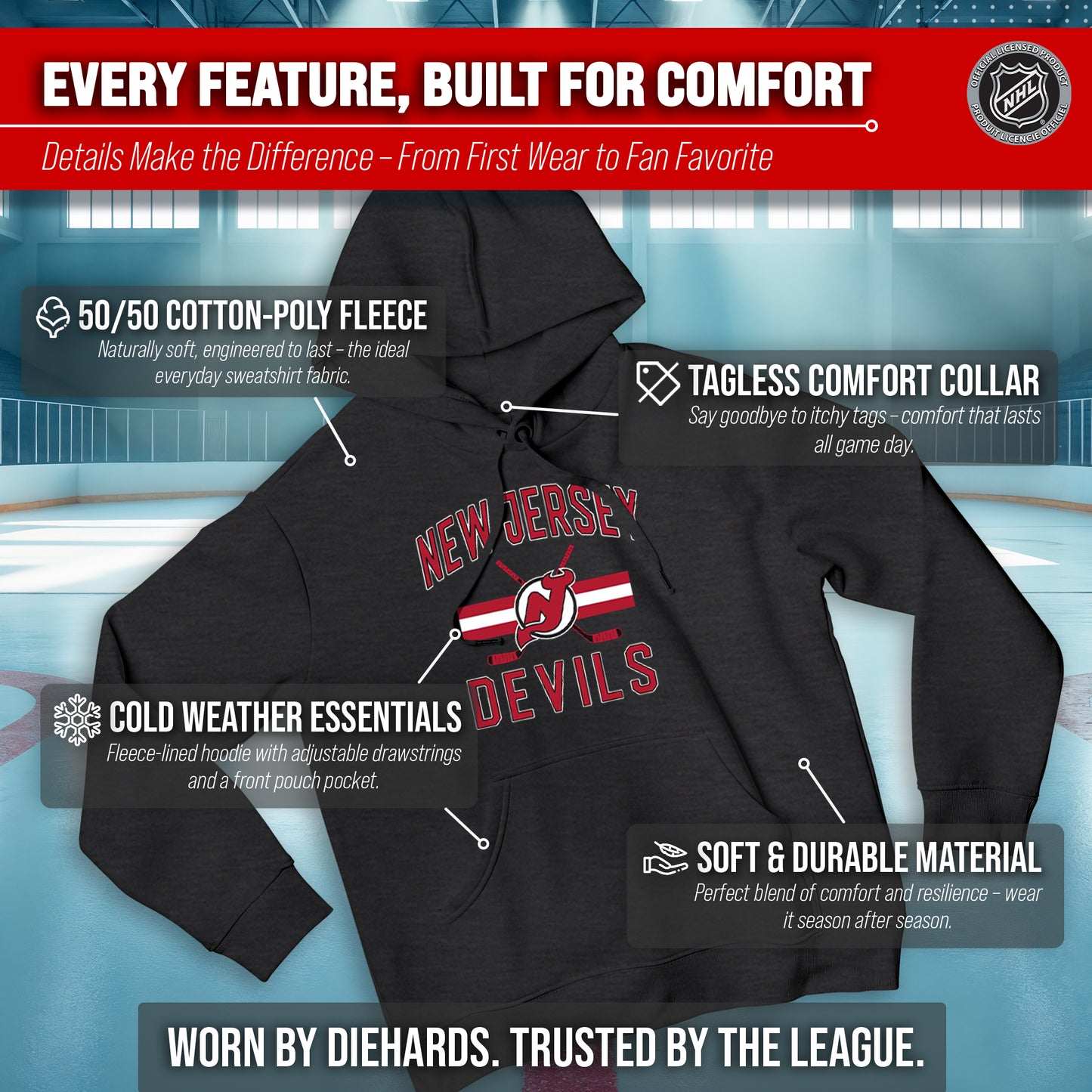 New Jersey Devils Adult NHL Faceoff Hockey Fleece Hooded Sweatshirt- Jersey Stripe - Black