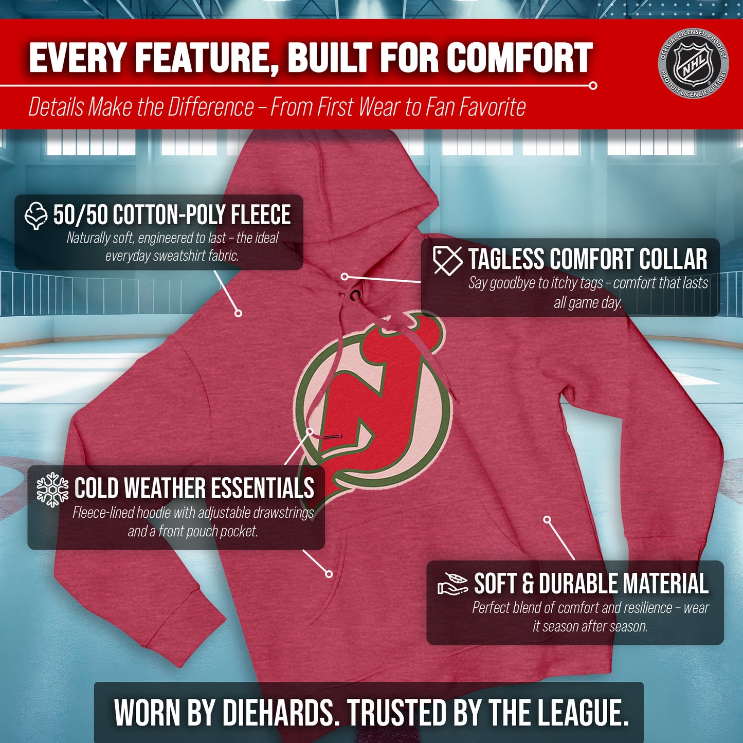 New Jersey Devils Adult NHL Retro Logo Hockey Fleece Hooded Sweatshirt - Red Heather