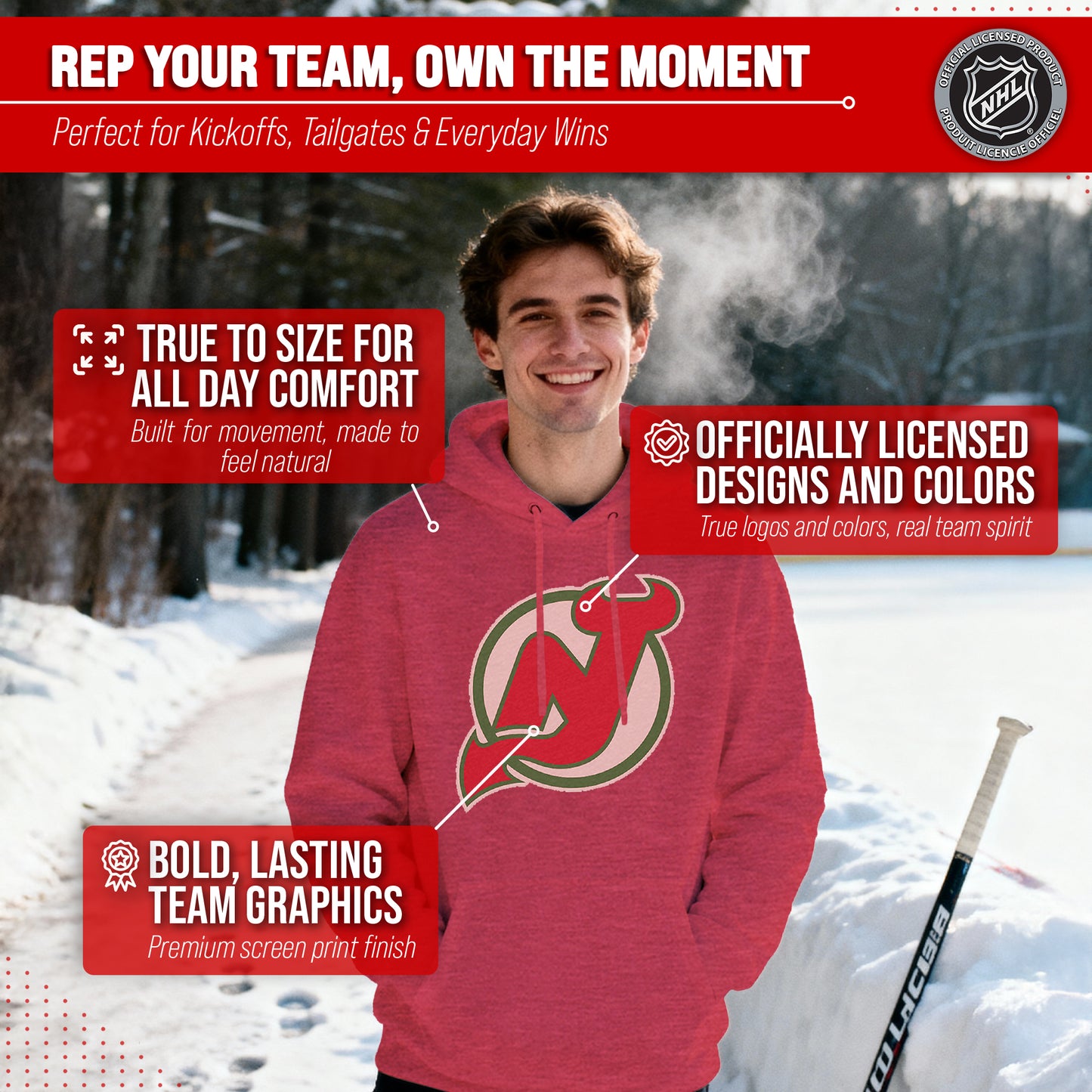 New Jersey Devils Adult NHL Retro Logo Hockey Fleece Hooded Sweatshirt - Red Heather