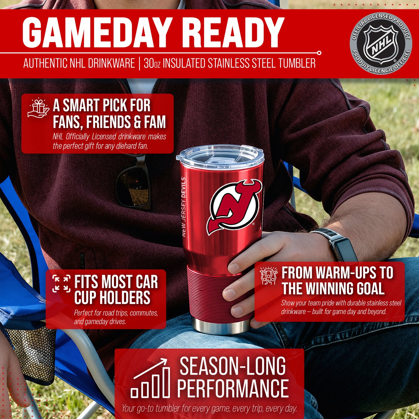 New Jersey Devils NHL Hockey 30oz Stainless Steel Vacuum Insulated Game Day Tumbler with Silicone Grip - Red