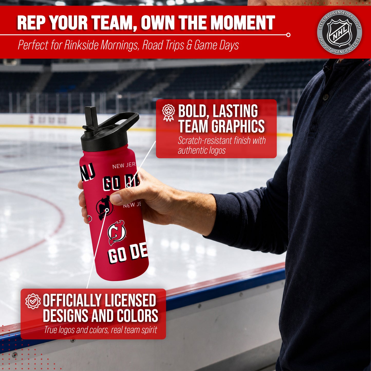 New Jersey Devils NHL Hockey 34oz Stainless Steel Vacuum Insulated Game Day Water Bottle with Flip Straw Lid and Handle - Red