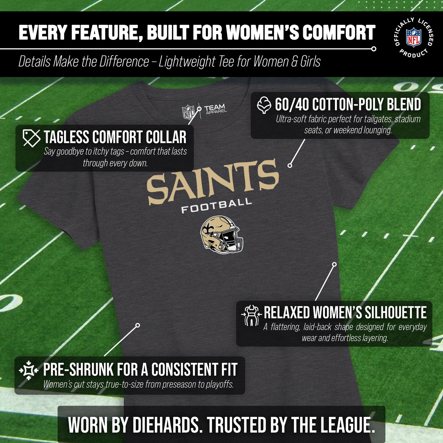 New Orleans Saints Women's NFL Football Helmet Short Sleeve Tagless T-Shirt - Charcoal