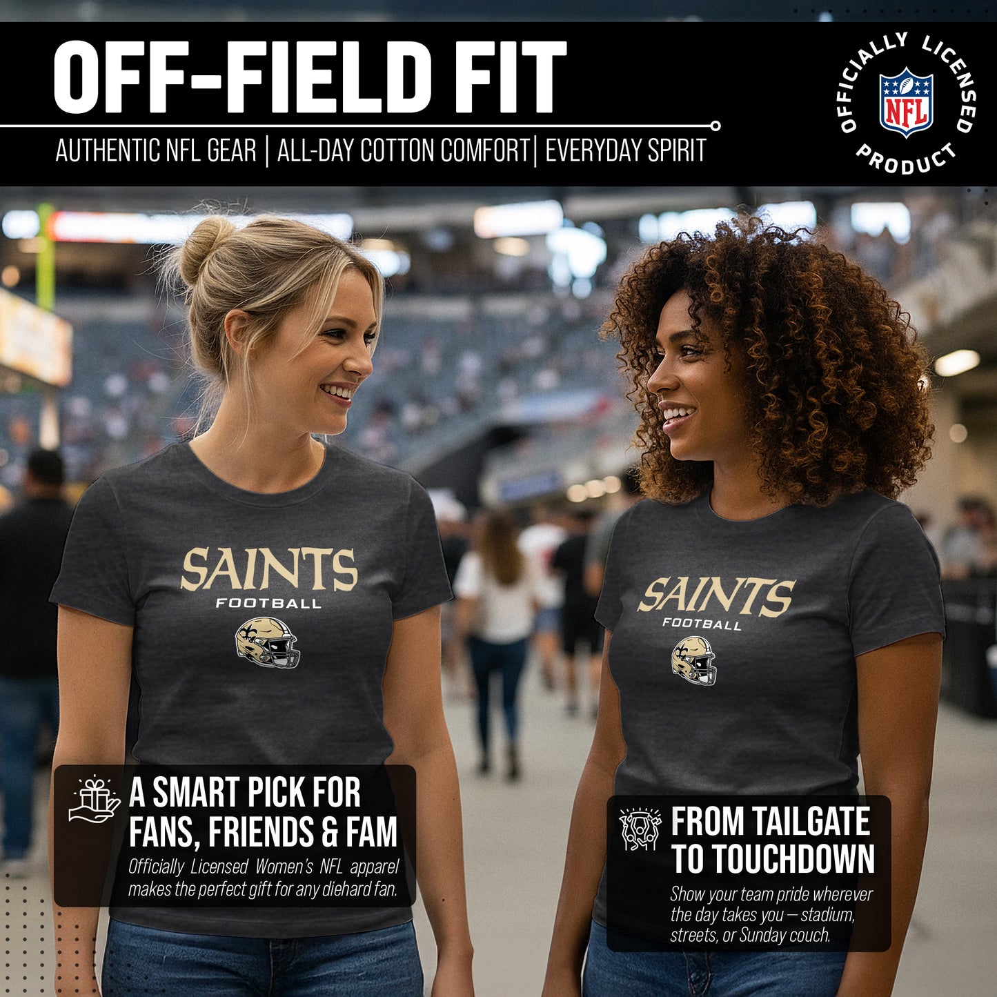 New Orleans Saints Women's NFL Football Helmet Short Sleeve Tagless T-Shirt - Charcoal