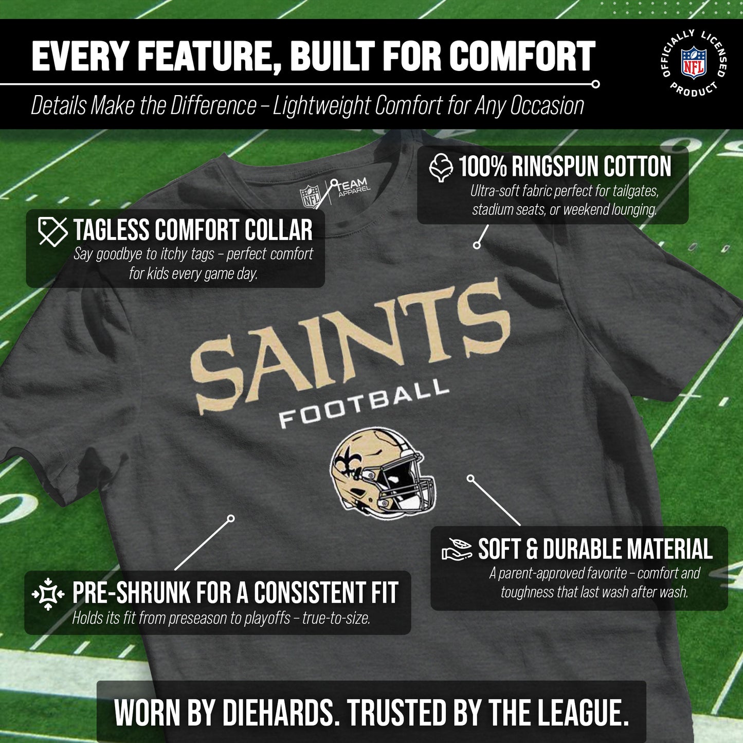 New Orleans Saints NFL Youth Football Helmet Tagless T-Shirt - Charcoal