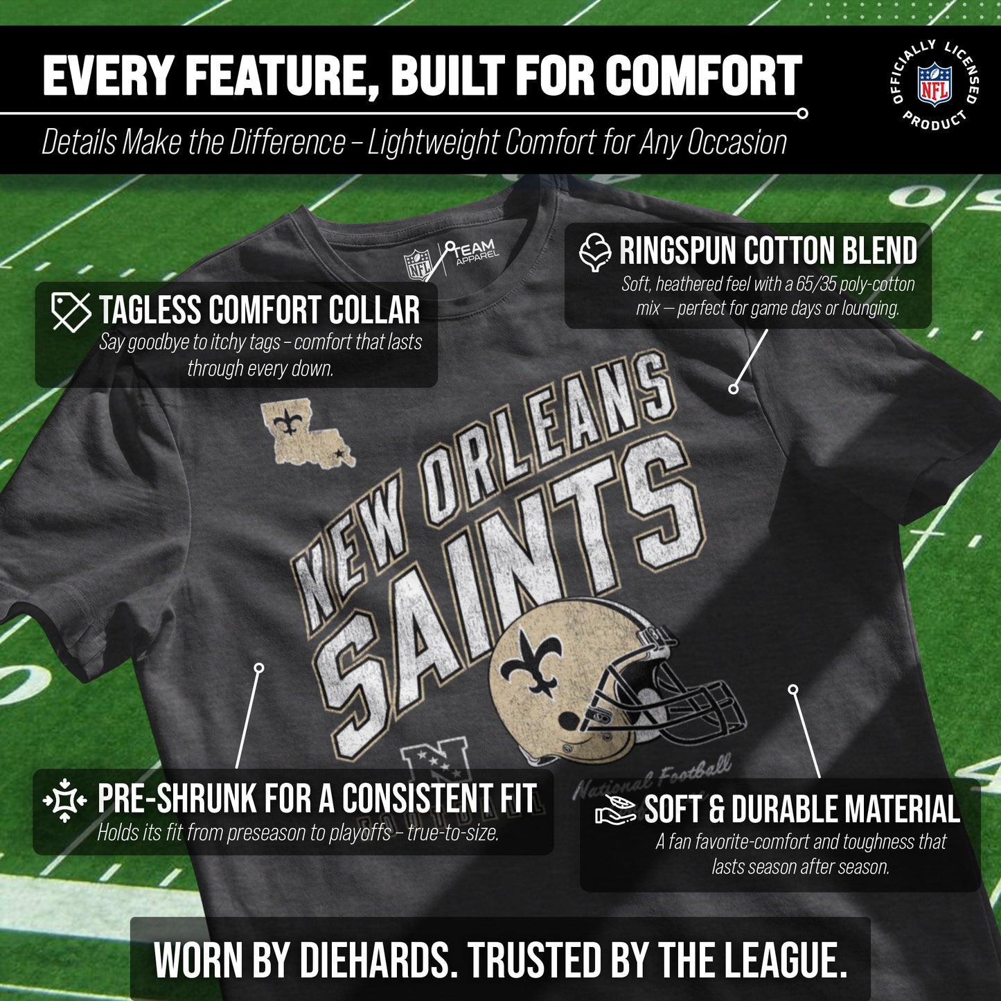 New Orleans Saints NFL Adult Distressed Helmet Tag-Less T-Shirt - Heather Charcoal