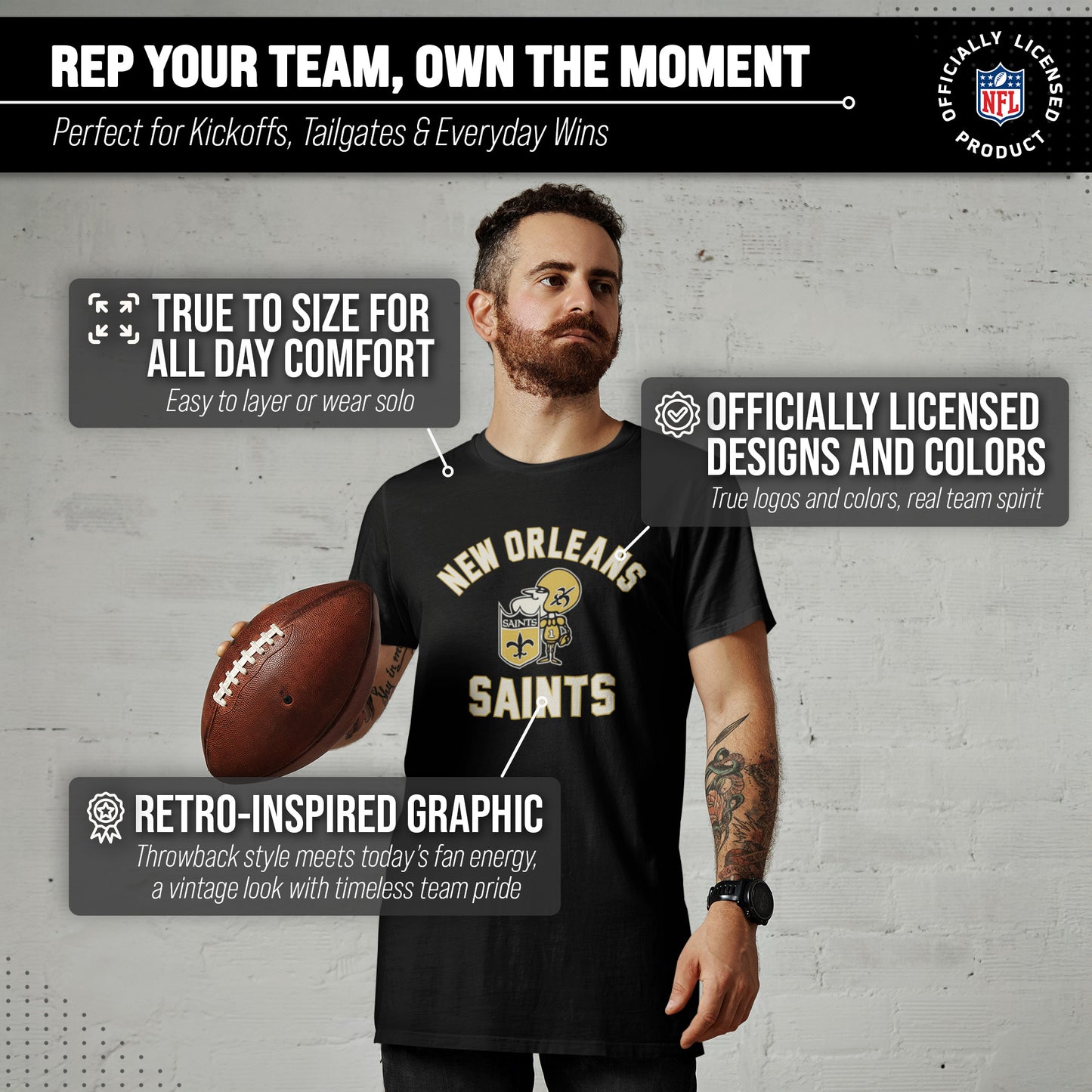 New Orleans Saints NFL Adult Retro Gameday Unisex T-Shirt - Black