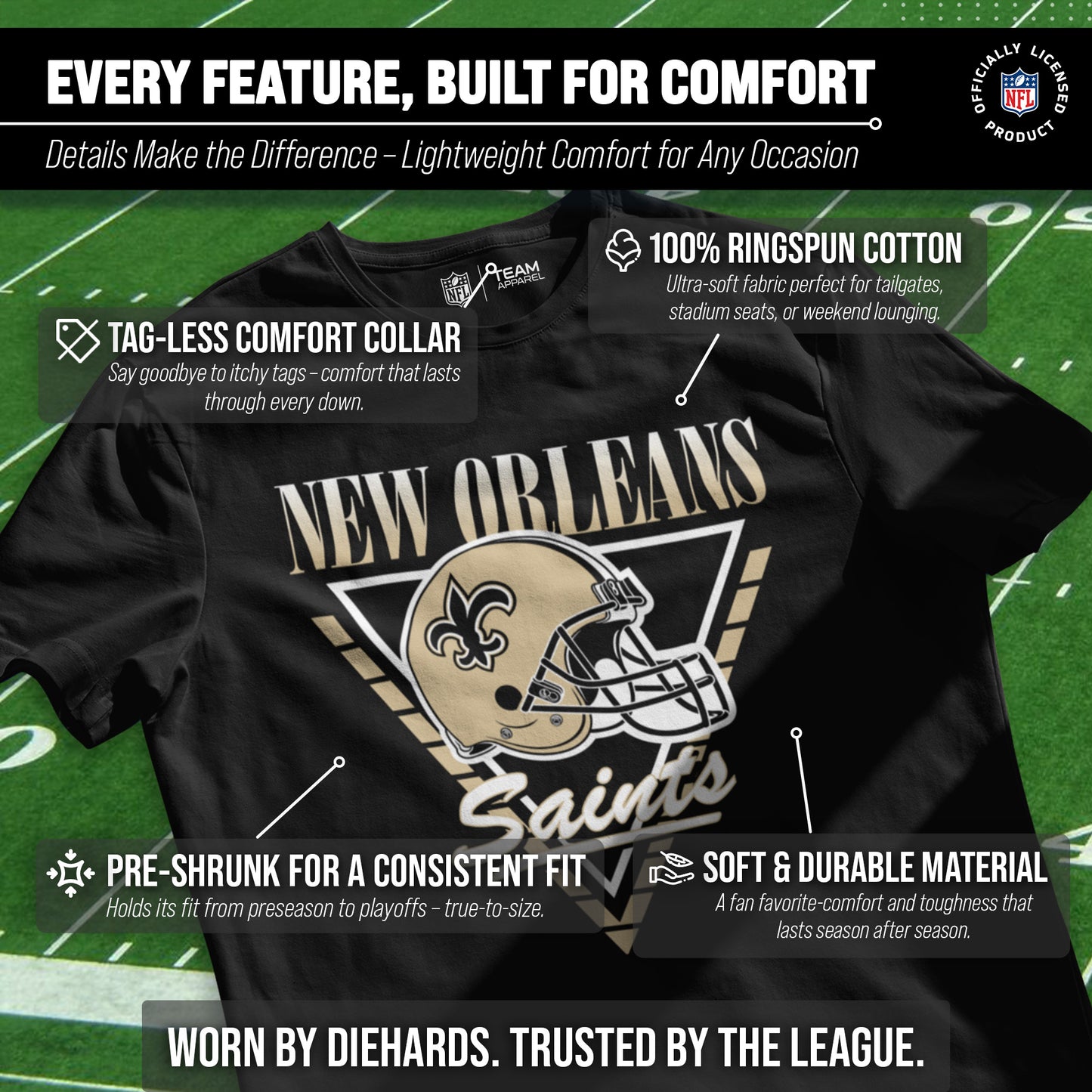 New Orleans Saints NFL Adult Retro Triangle Unisex T-Shirt - Black