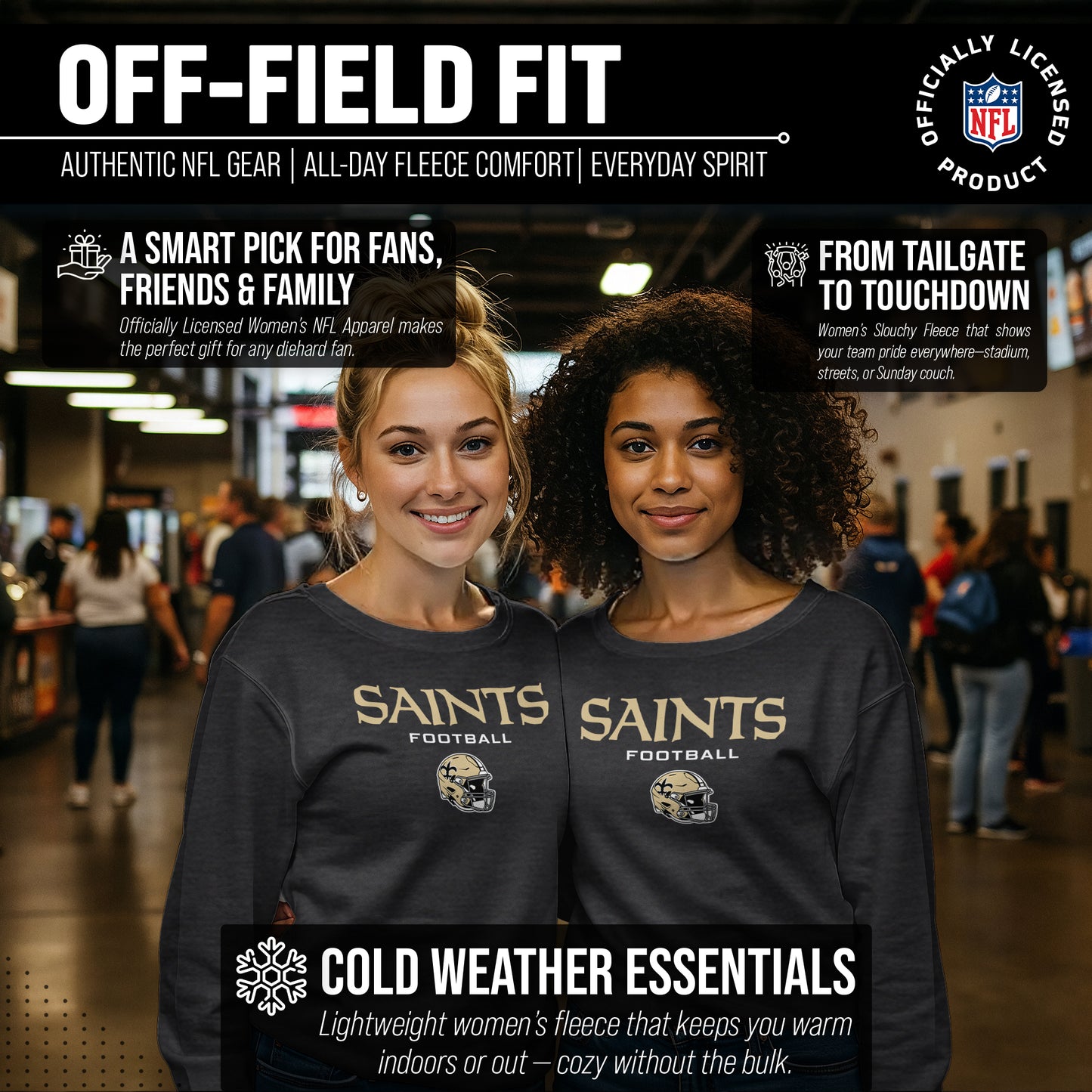 New Orleans Saints NFL Womens Helmet French Terry Slouchy Top - Charcoal