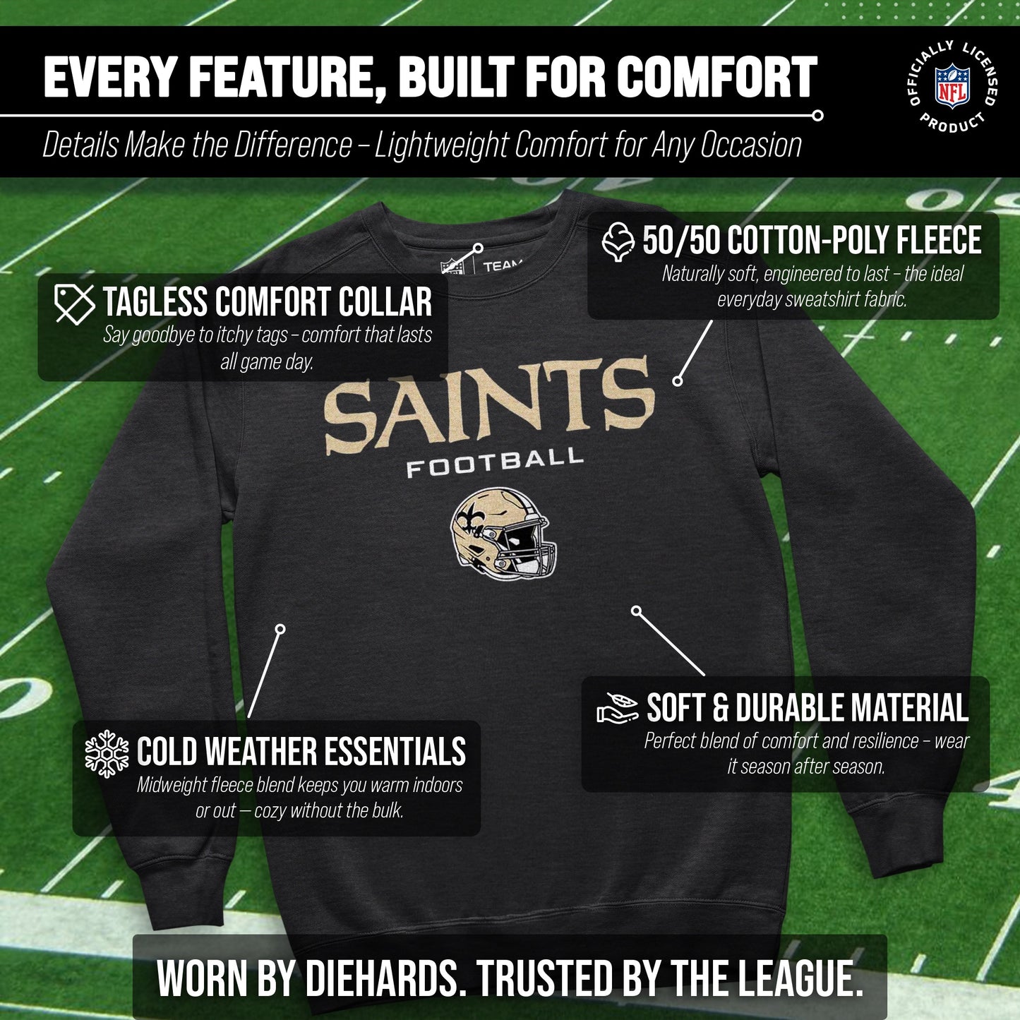 New Orleans Saints Adult NFL Football Helmet Heather Crewneck Sweatshirt - Charcoal