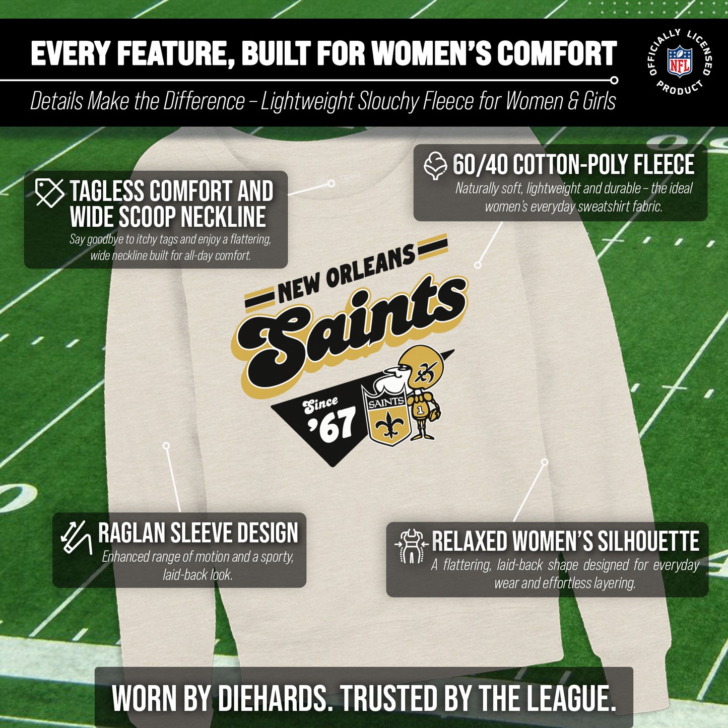 New Orleans Saints NFL Womens Vintage Charm French Terry Slouchy Top - Birch