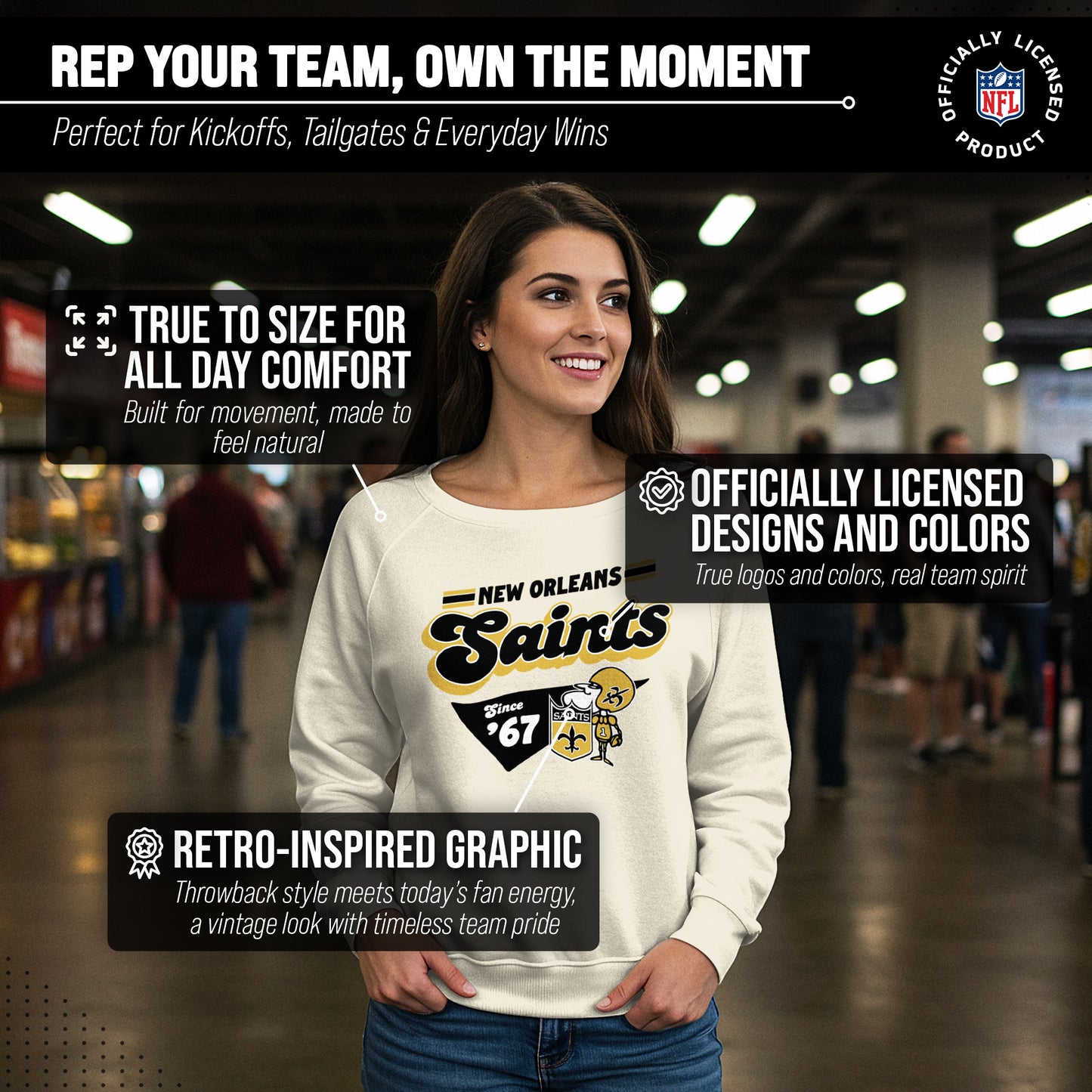New Orleans Saints NFL Womens Vintage Charm French Terry Slouchy Top - Birch
