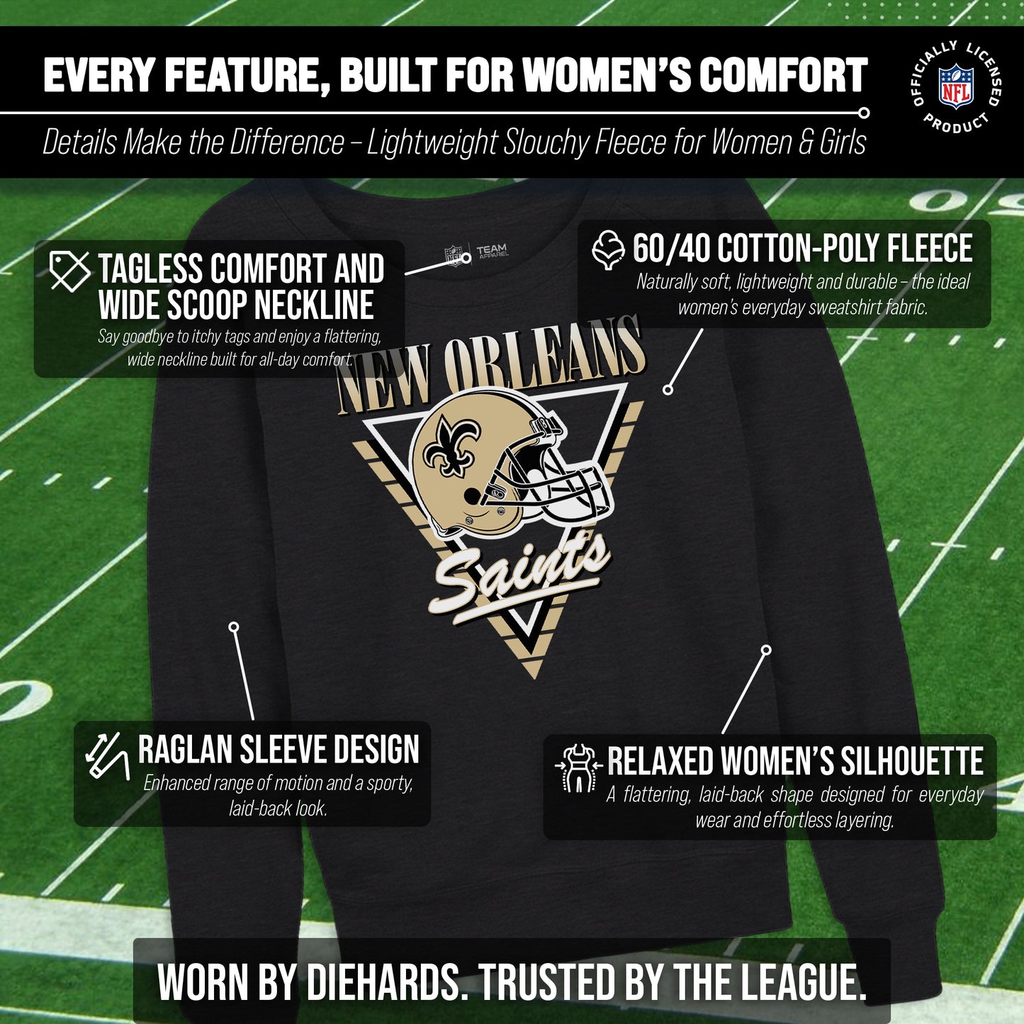 New Orleans Saints NFL Womens Retro Triangle French Terry Slouchy Top- Raglan Sleeves - Heather Charcoal