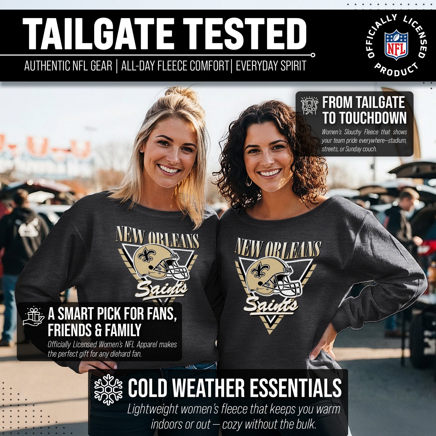 New Orleans Saints NFL Womens Retro Triangle French Terry Slouchy Top- Raglan Sleeves - Heather Charcoal