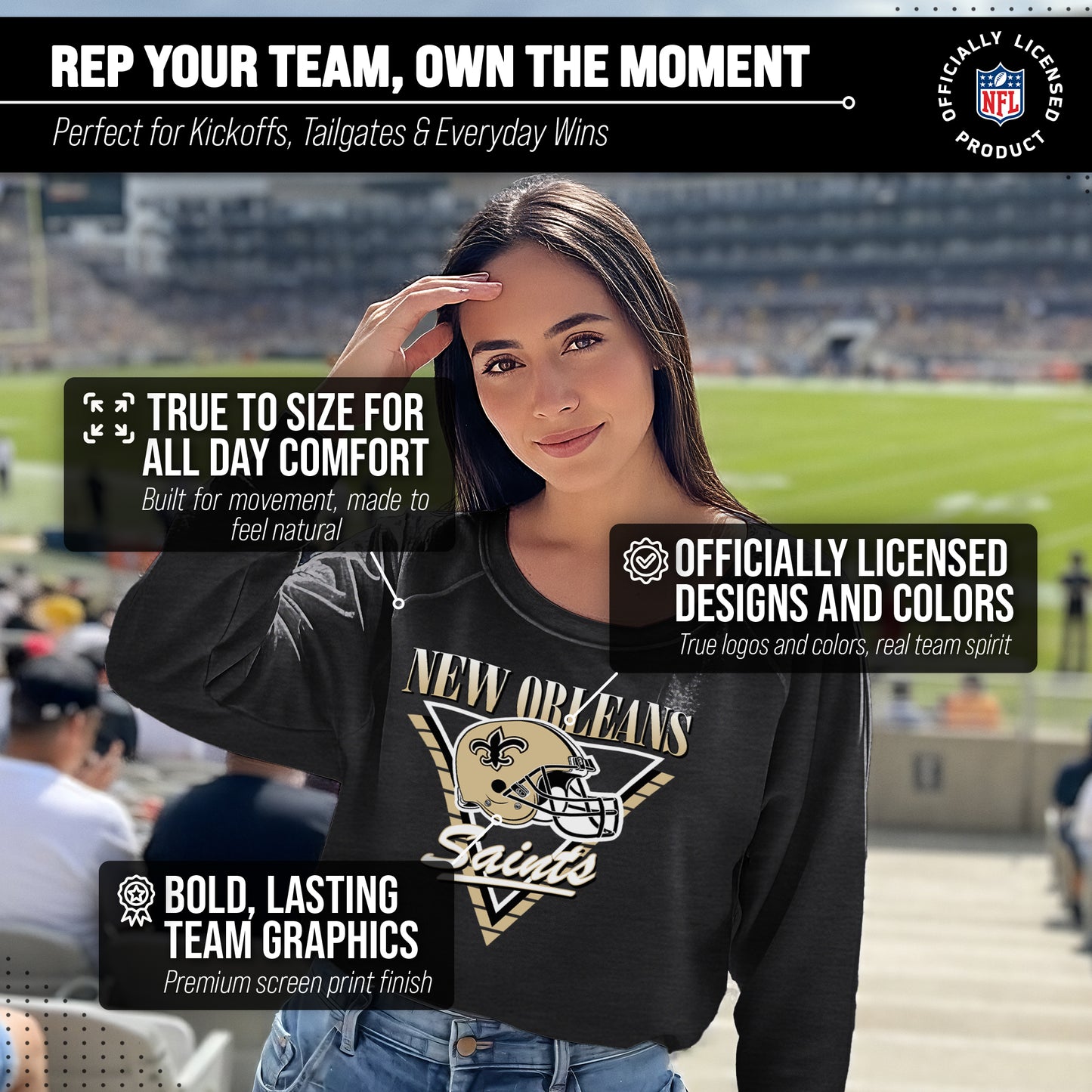 New Orleans Saints NFL Womens Retro Triangle French Terry Slouchy Top- Raglan Sleeves - Heather Charcoal