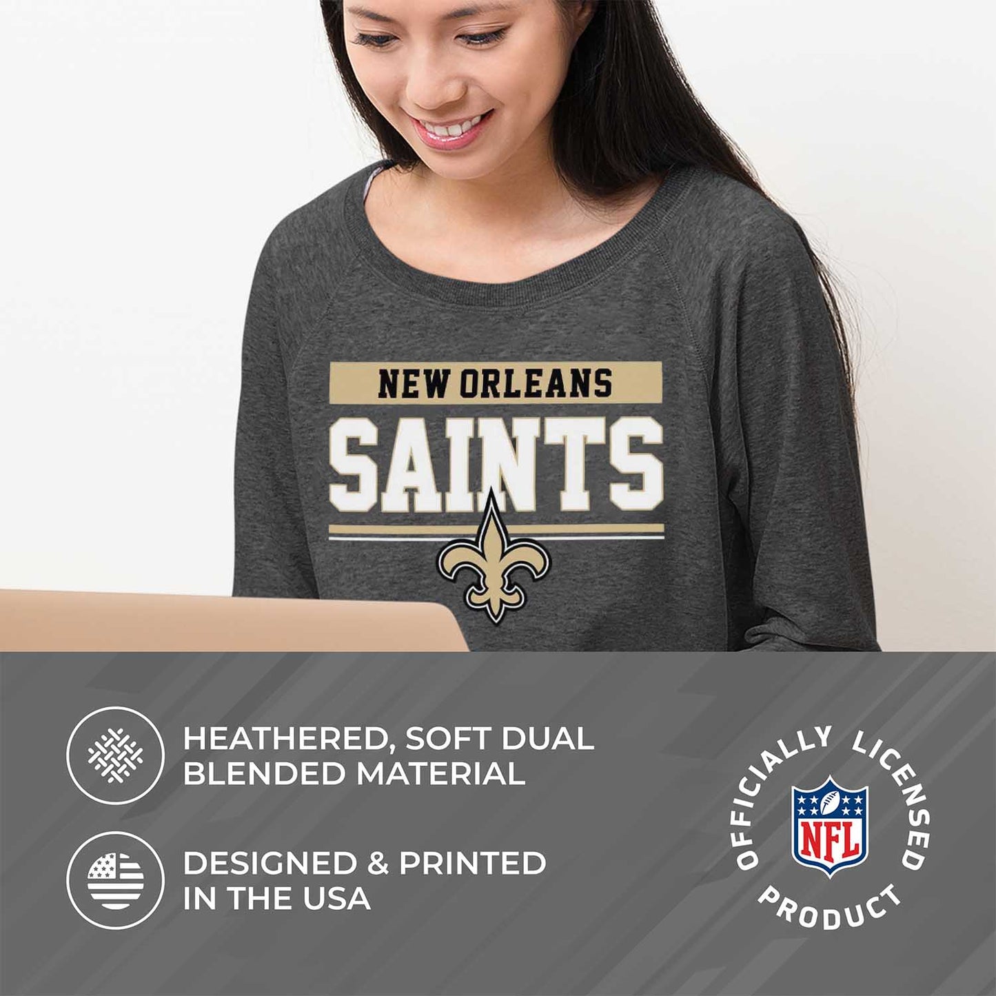 New Orleans Saints NFL Womens Team Block French Terry Slouchy Top - Charcoal
