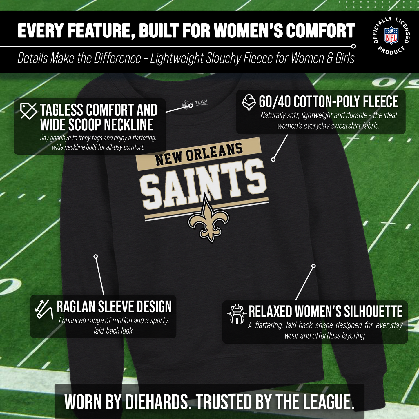 New Orleans Saints NFL Womens Team Block French Terry Slouchy Top - Charcoal