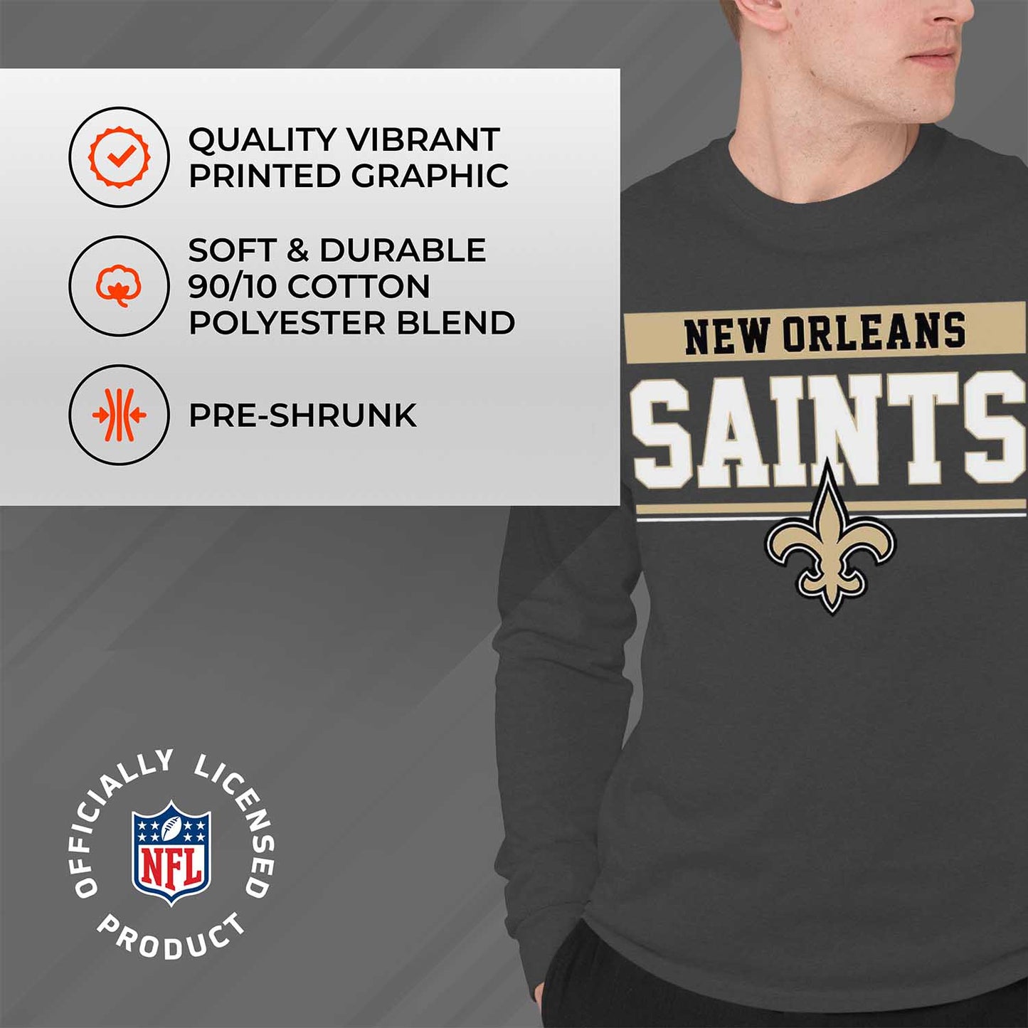 New Orleans Saints NFL Adult Charcoal Long Sleeve T Shirt - Charcoal