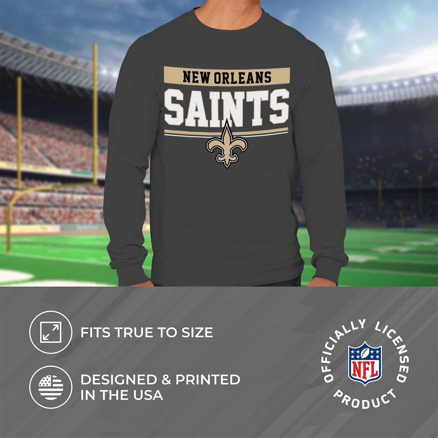 New Orleans Saints NFL Adult Charcoal Long Sleeve T Shirt - Charcoal