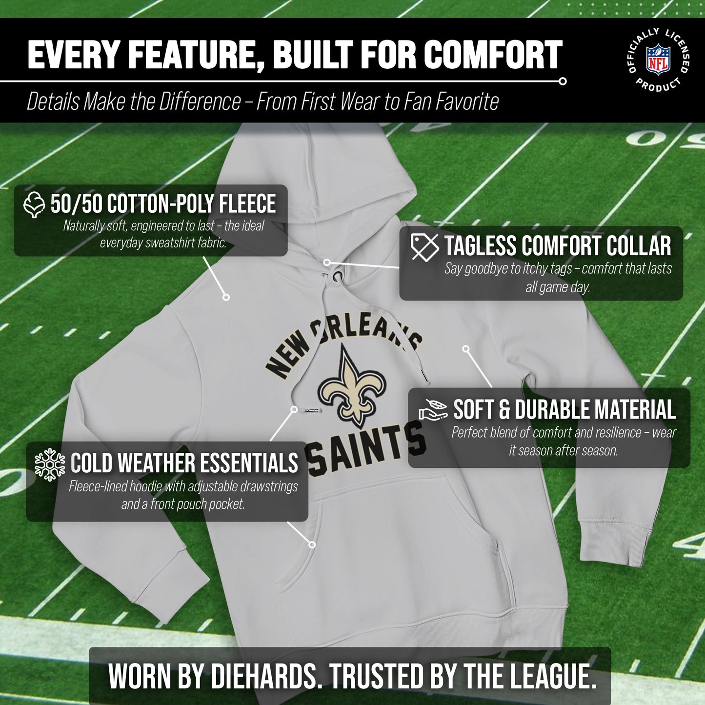 New Orleans Saints Team Fan Apparel NFL  Gameday Hoodie - Sport Gray