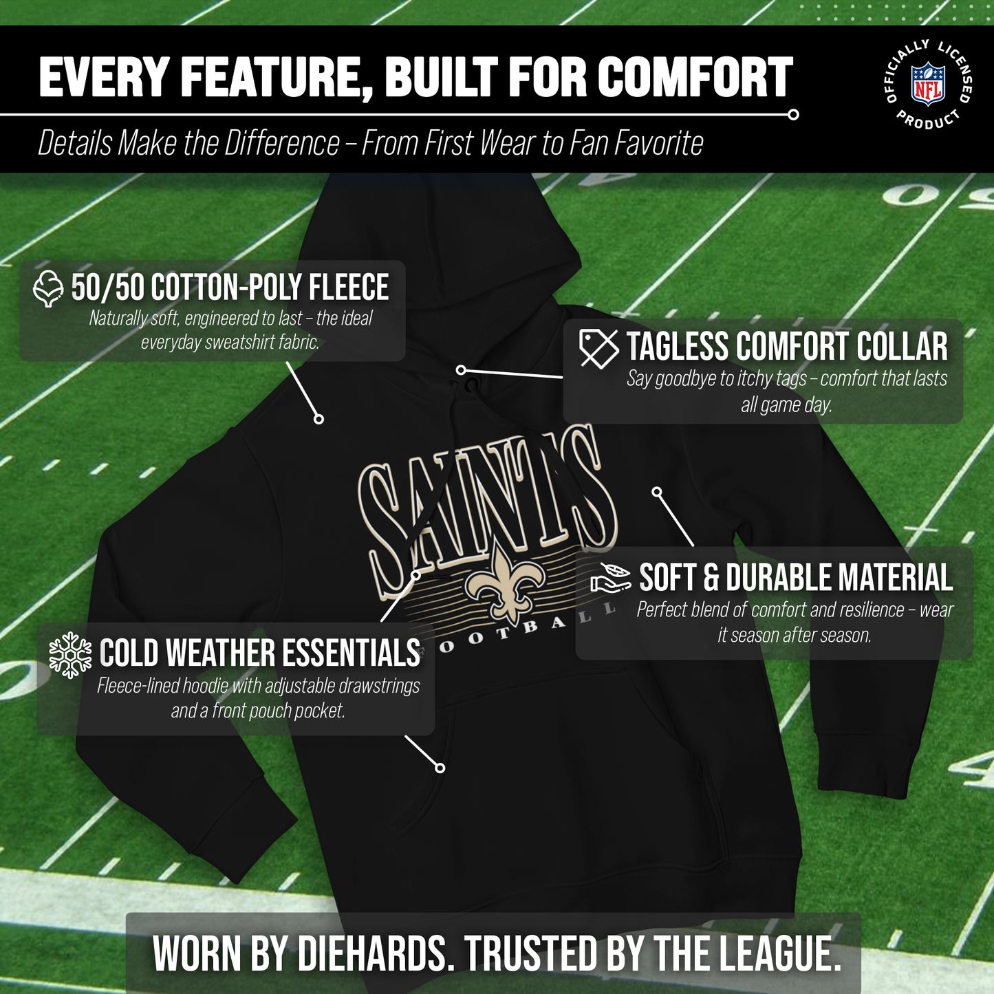 New Orleans Saints NFL Adult Unisex Overtime Blueprint Soft Fleece Hooded Sweatshirt - Black