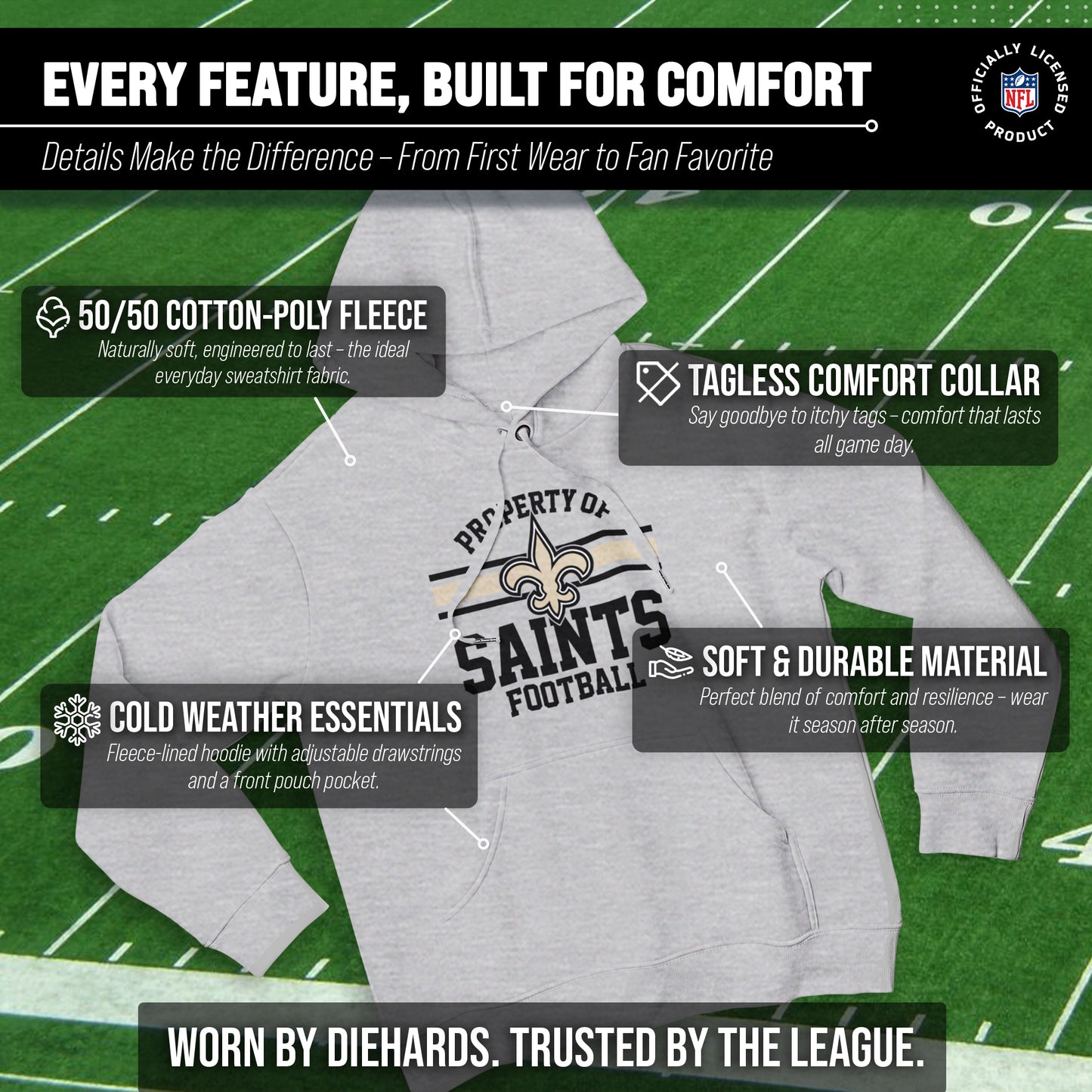 New Orleans Saints NFL Adult Property Of Hooded Sweatshirt - Sport Gray
