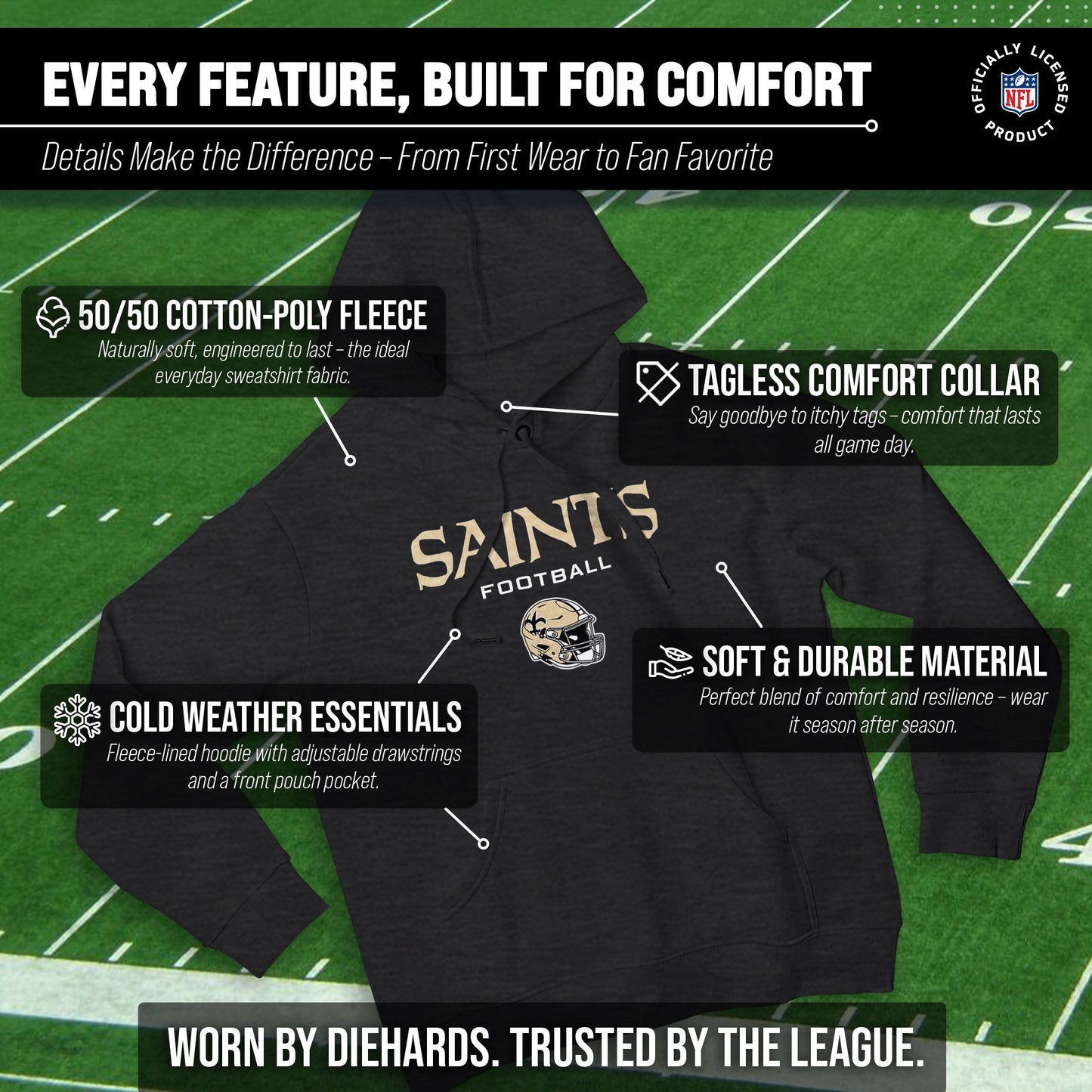 New Orleans Saints Adult NFL Football Helmet Heather Hooded Sweatshirt  - Charcoal