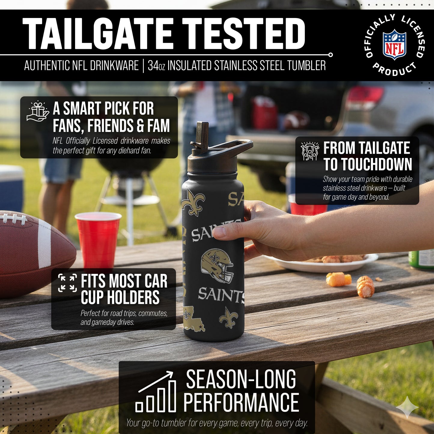 New Orleans Saints NFL 34oz Quencher Stainless Steel Insulated Water Bottle - Black