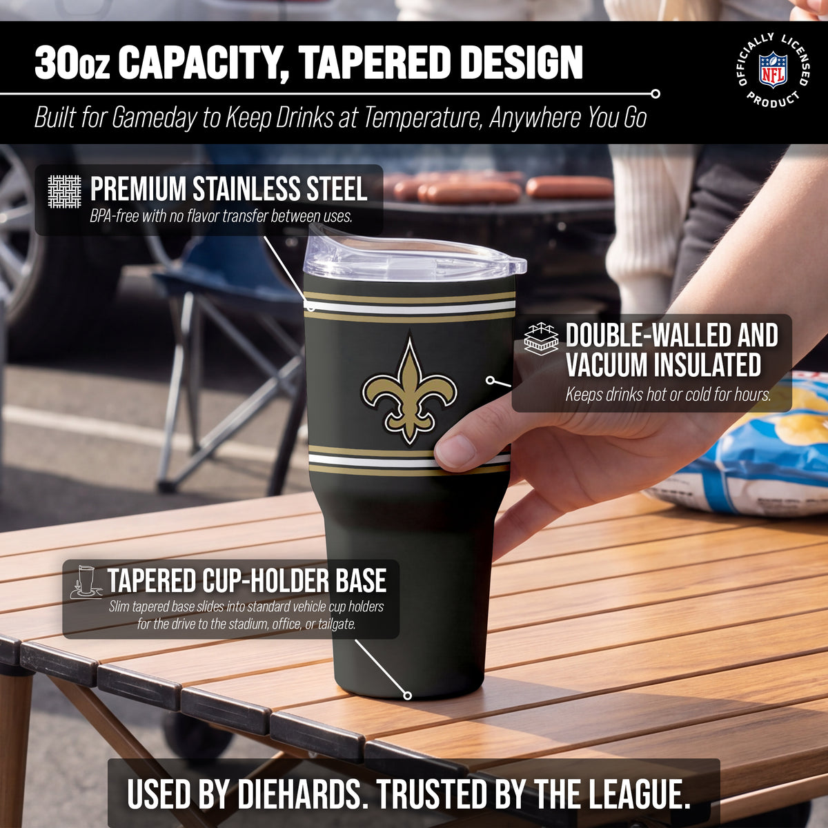 New Orleans Saints  30 oz Stripe Powder Coat Tumbler | NFL Stainless - Black