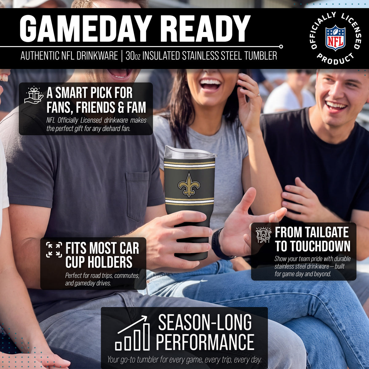 New Orleans Saints  30 oz Stripe Powder Coat Tumbler | NFL Stainless - Black