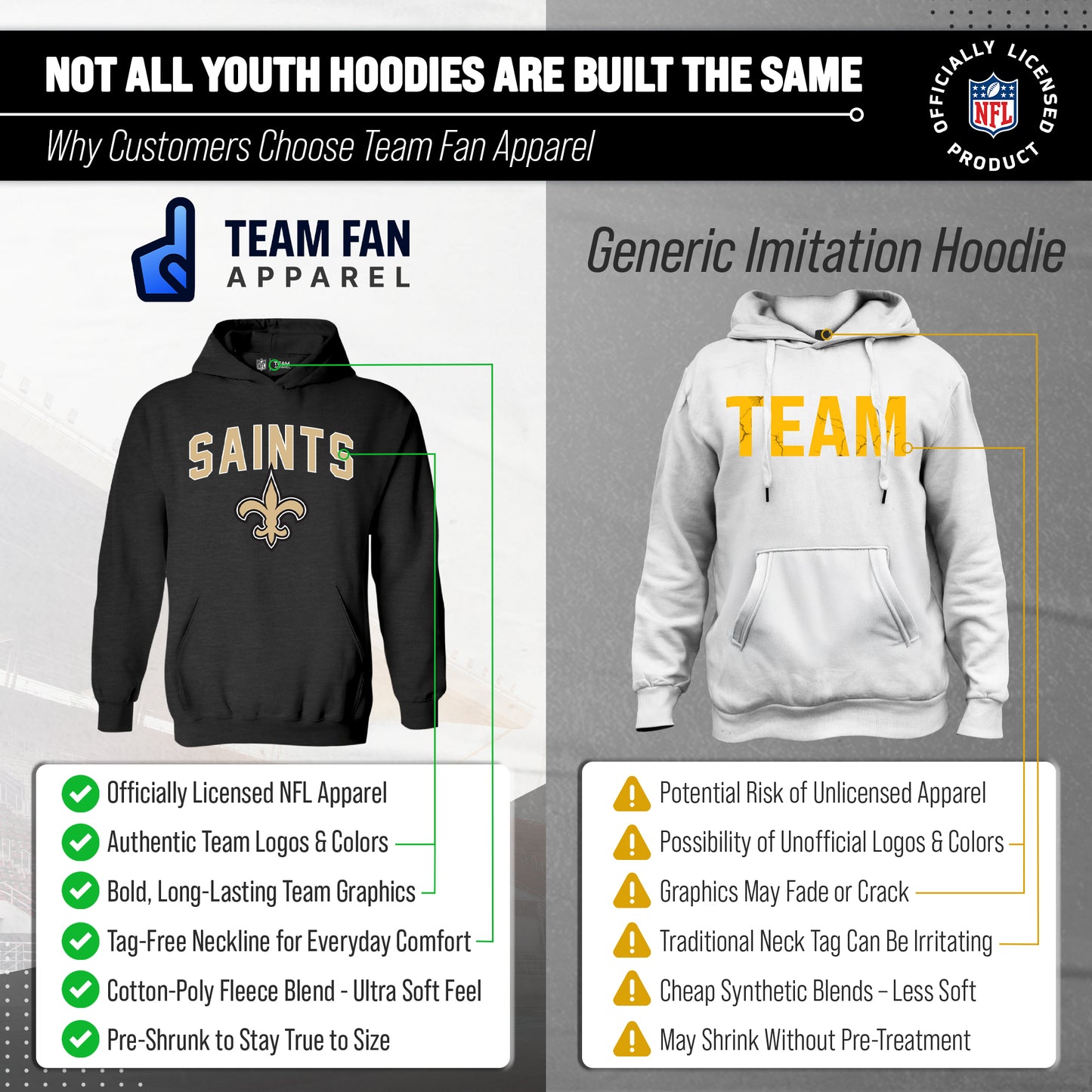 New Orleans Saints NFL Youth Home Team Hoodie- Kids Hooded Sweatshirt - Black