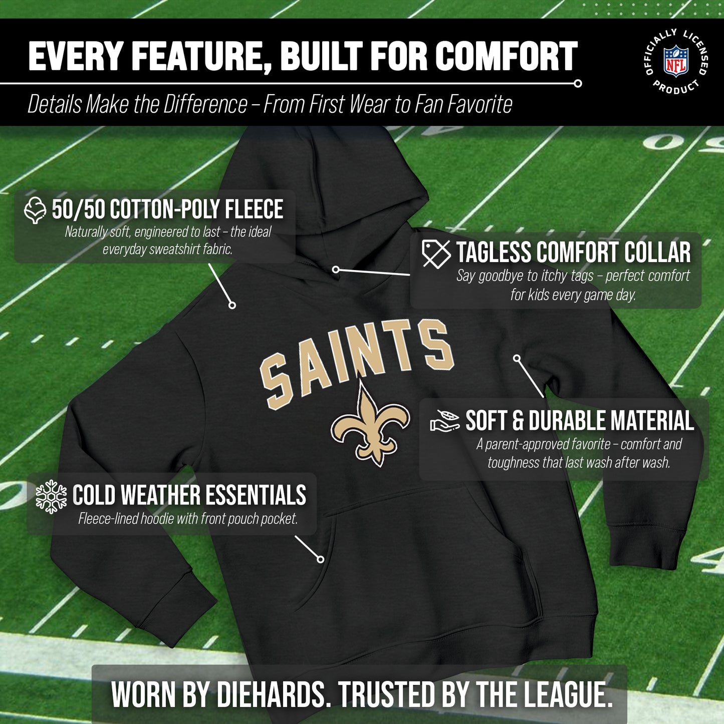 New Orleans Saints NFL Youth Home Team Hoodie- Kids Hooded Sweatshirt - Black