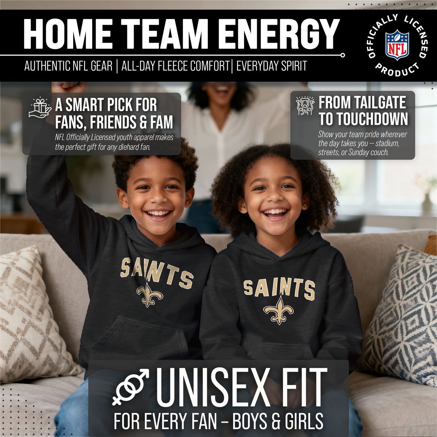 New Orleans Saints NFL Youth Home Team Hoodie- Kids Hooded Sweatshirt - Black